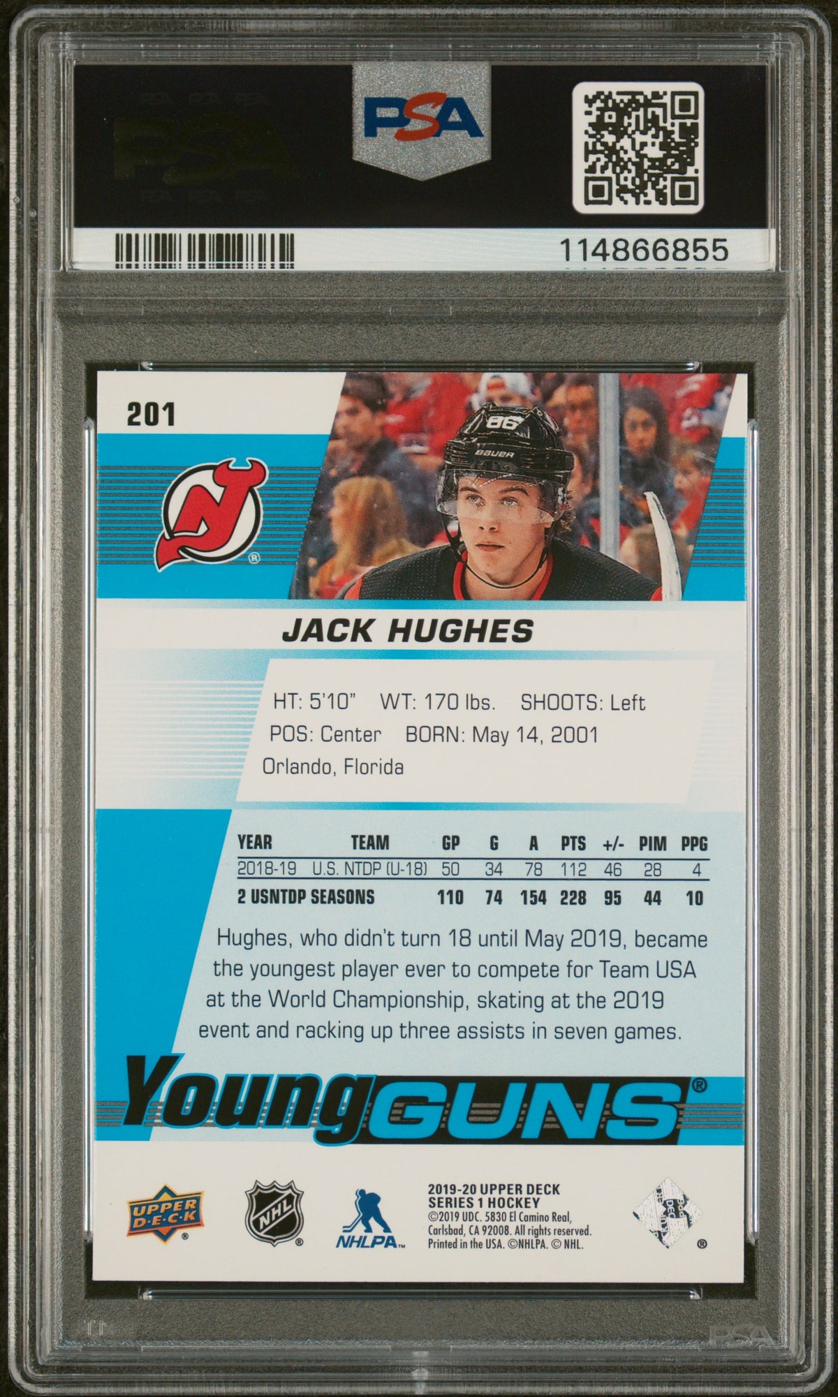 2019 Upper Deck Young Guns Jack Hughes #201 PSA 9