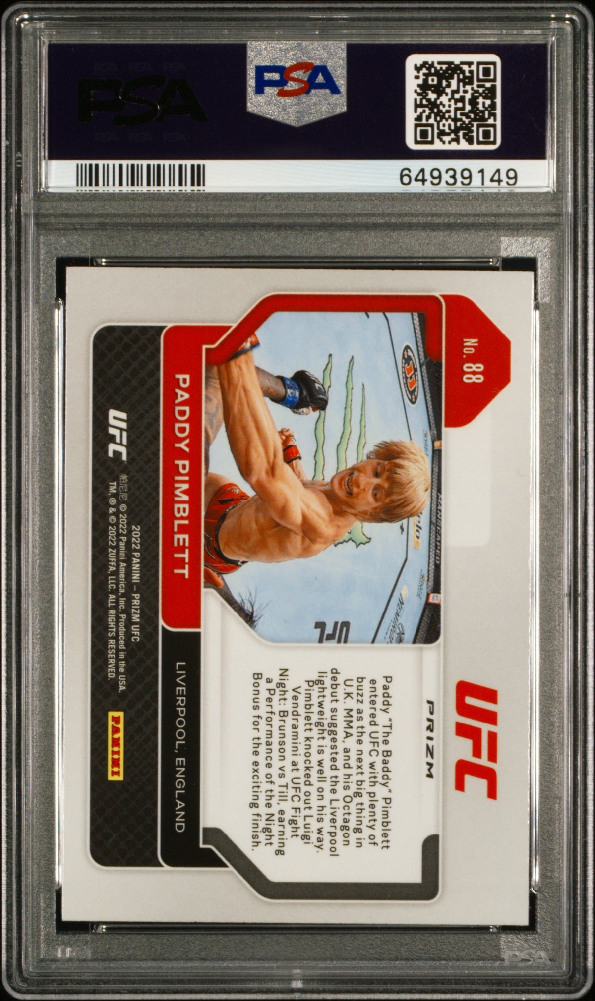 2022 Panini Prizm UFC Ice Prizm Paddy Pimblett #88 PSA 9
