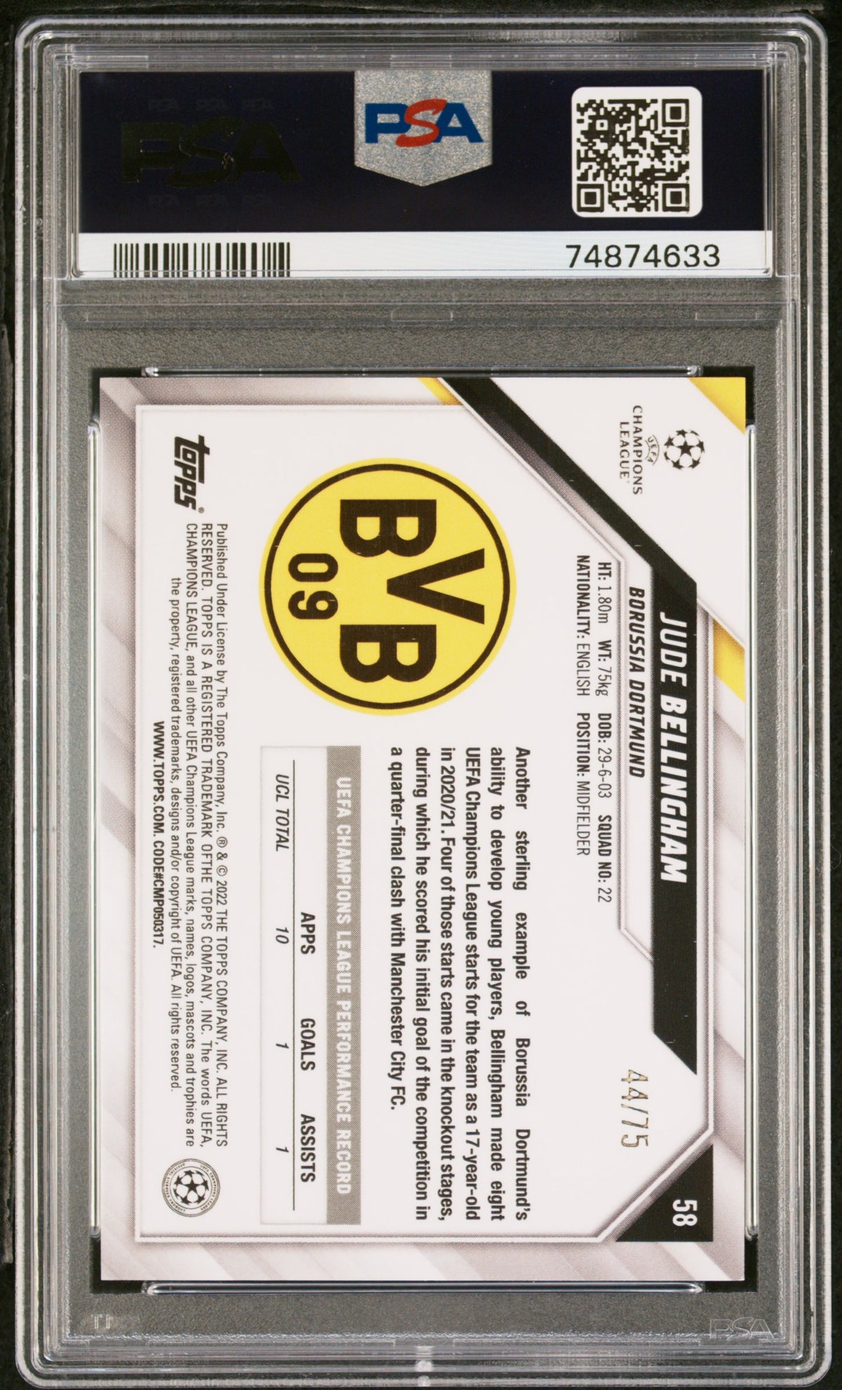 2021 Topps Chrome Sapphire UEFA Champions League Green Jude Bellingham #58 /75 PSA 9