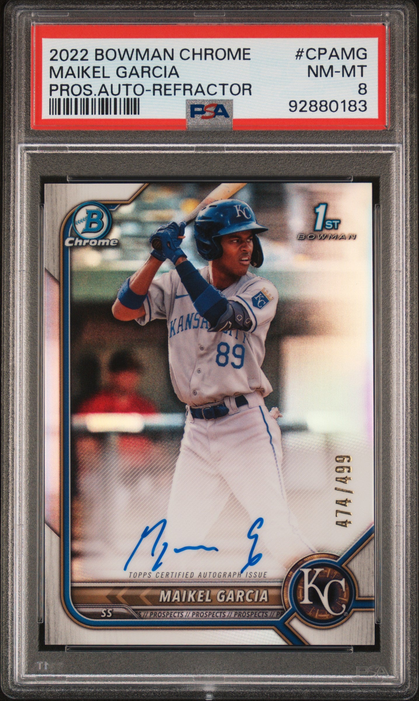 2022 Bowman Chrome Prospect Autograph Refractor Maikel Garcia #CPAMG /499 PSA 8