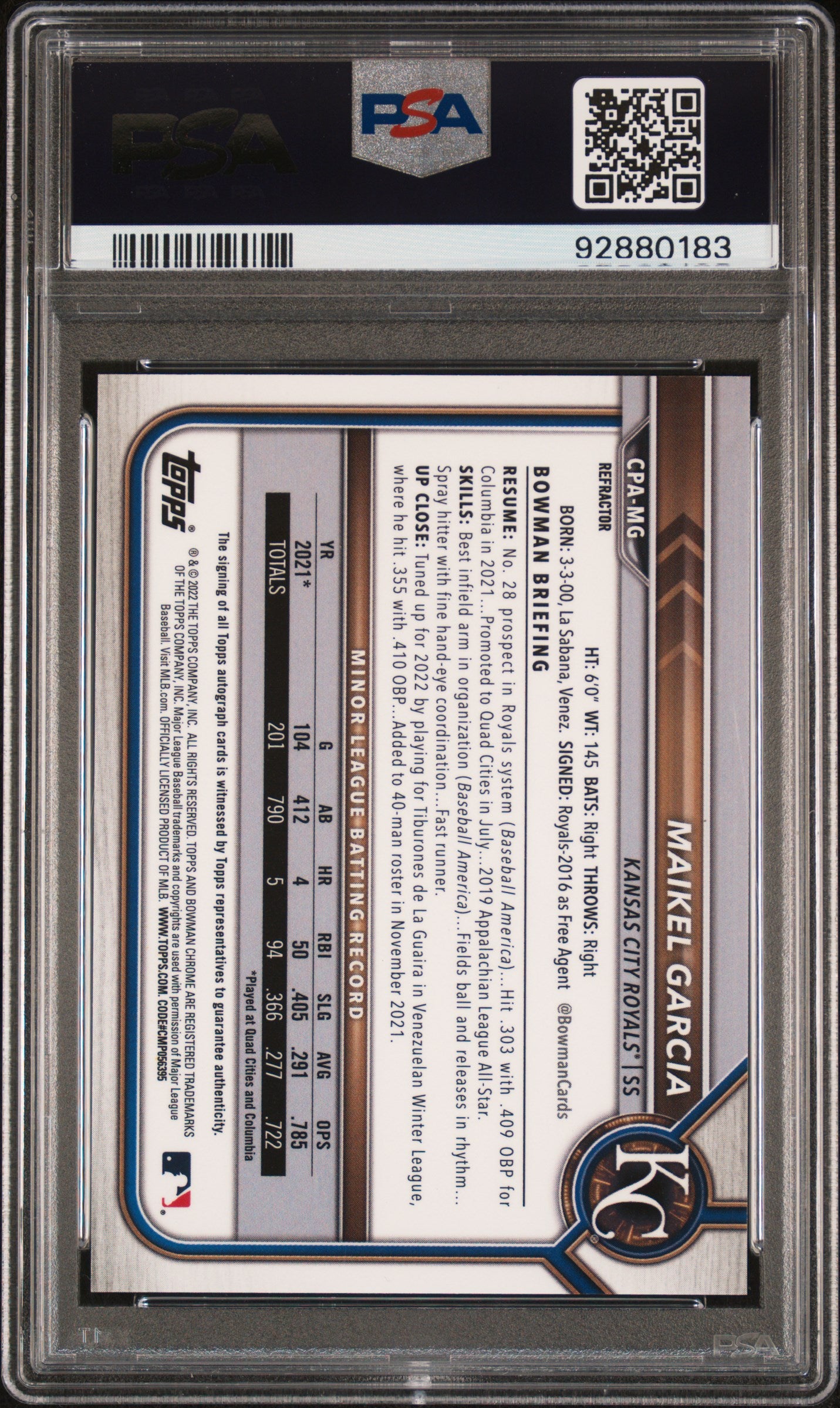 2022 Bowman Chrome Prospect Autograph Refractor Maikel Garcia #CPAMG /499 PSA 8
