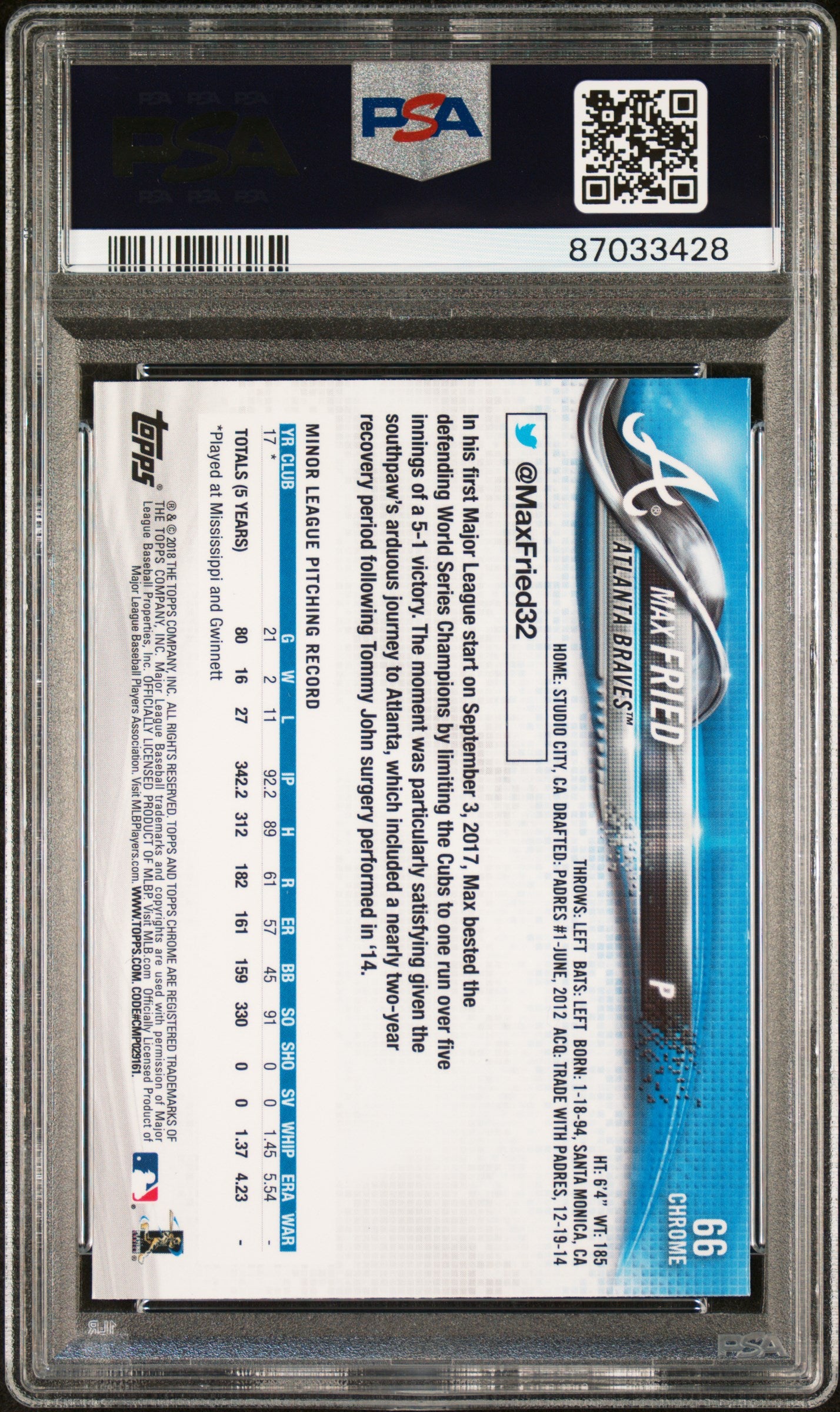 2018 Topps Chrome Max Fried #66 PSA 10