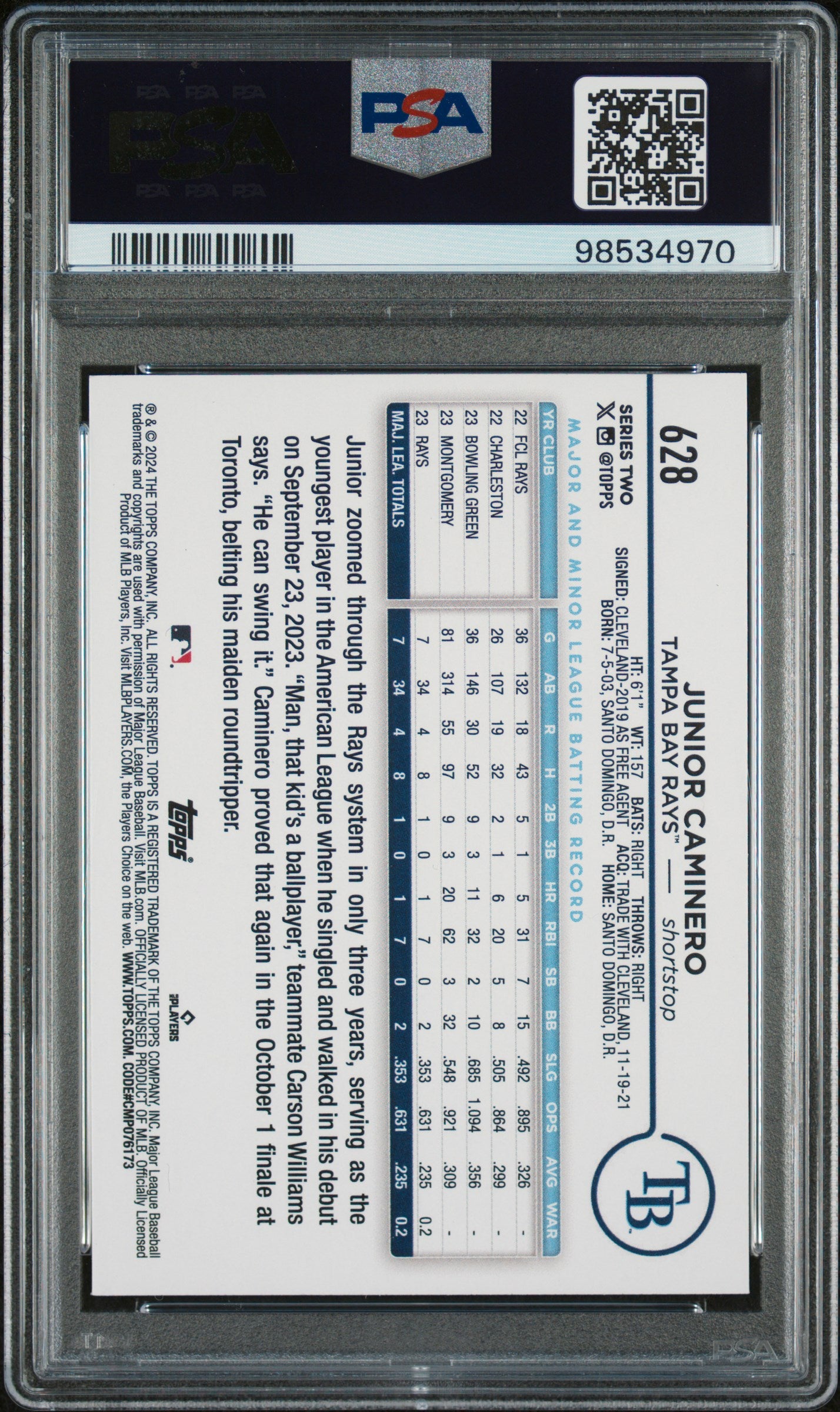2024 Topps Topps (Series 2 Only) Rainbow Foil Junior Caminero #628 PSA 9