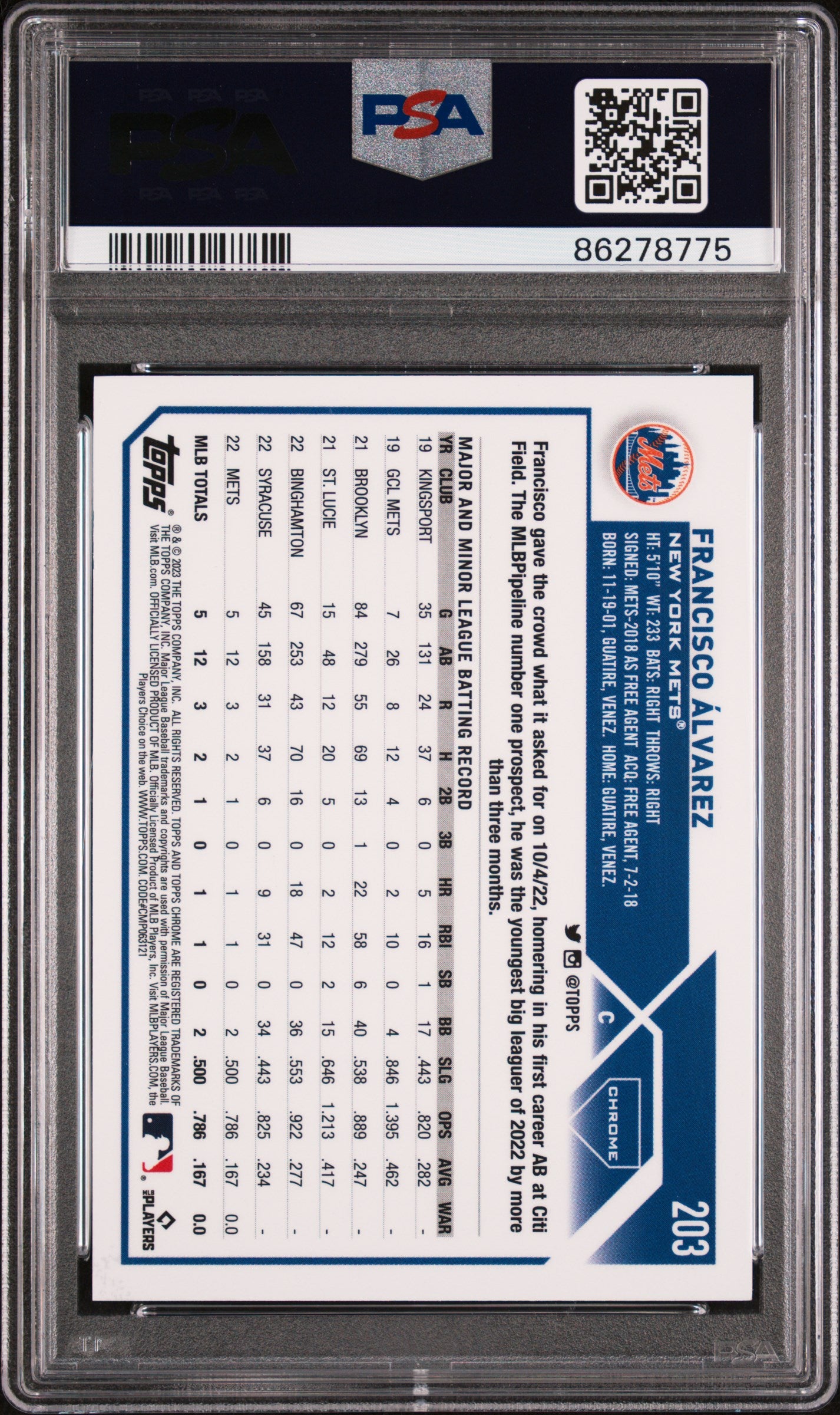2023 Topps Chrome Aqua Refractor Francisco Alvarez #203 /199 PSA 9