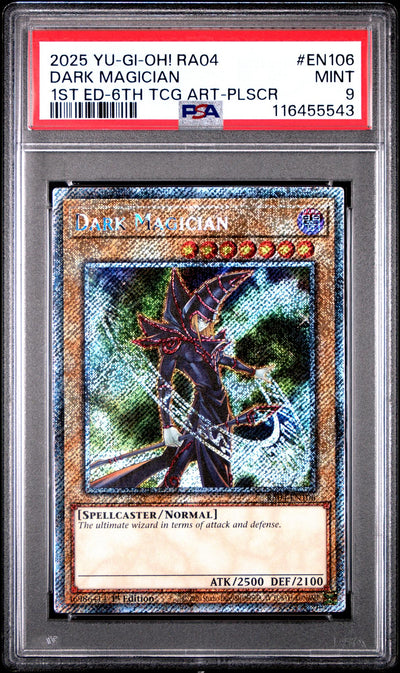 2025 Yu-Gi-Oh! Ra04-Quarter Century Stampede 1st Edition-6th TCG Artwork-Platinum Secret Rare Dark Magician #EN106 /116455543 PSA 9