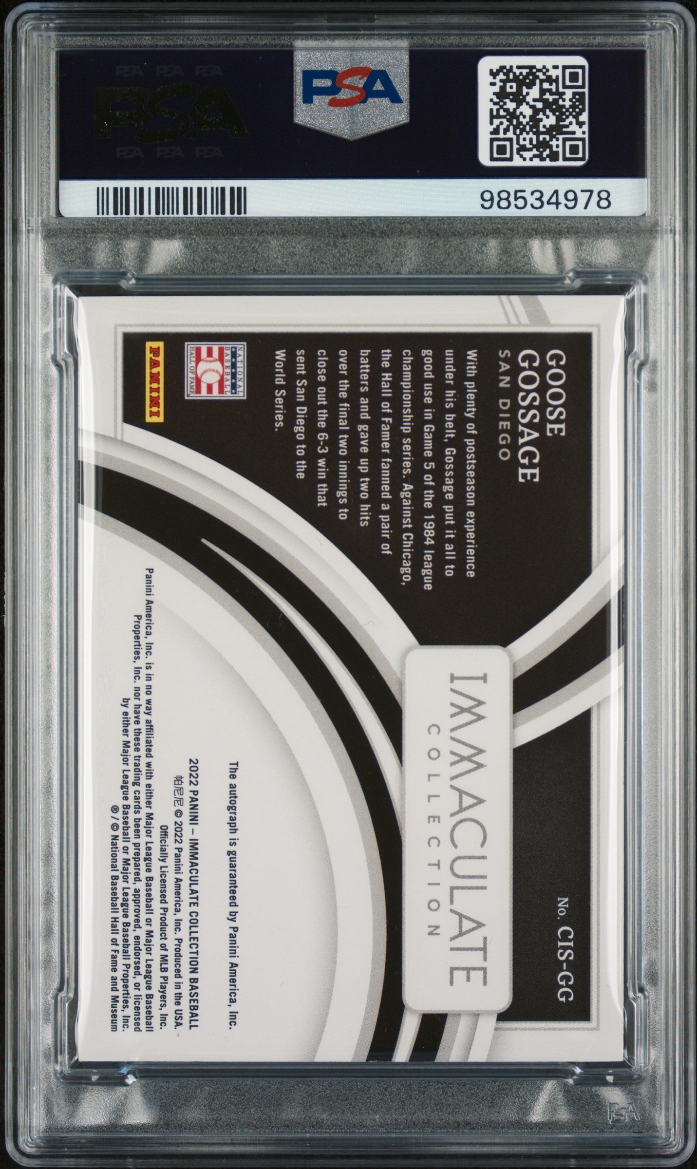 2022 Panini Immaculate Collection Clearly Immaculate Signatures Gold Goose Gossage #CISGG /20 PSA 8 98534978