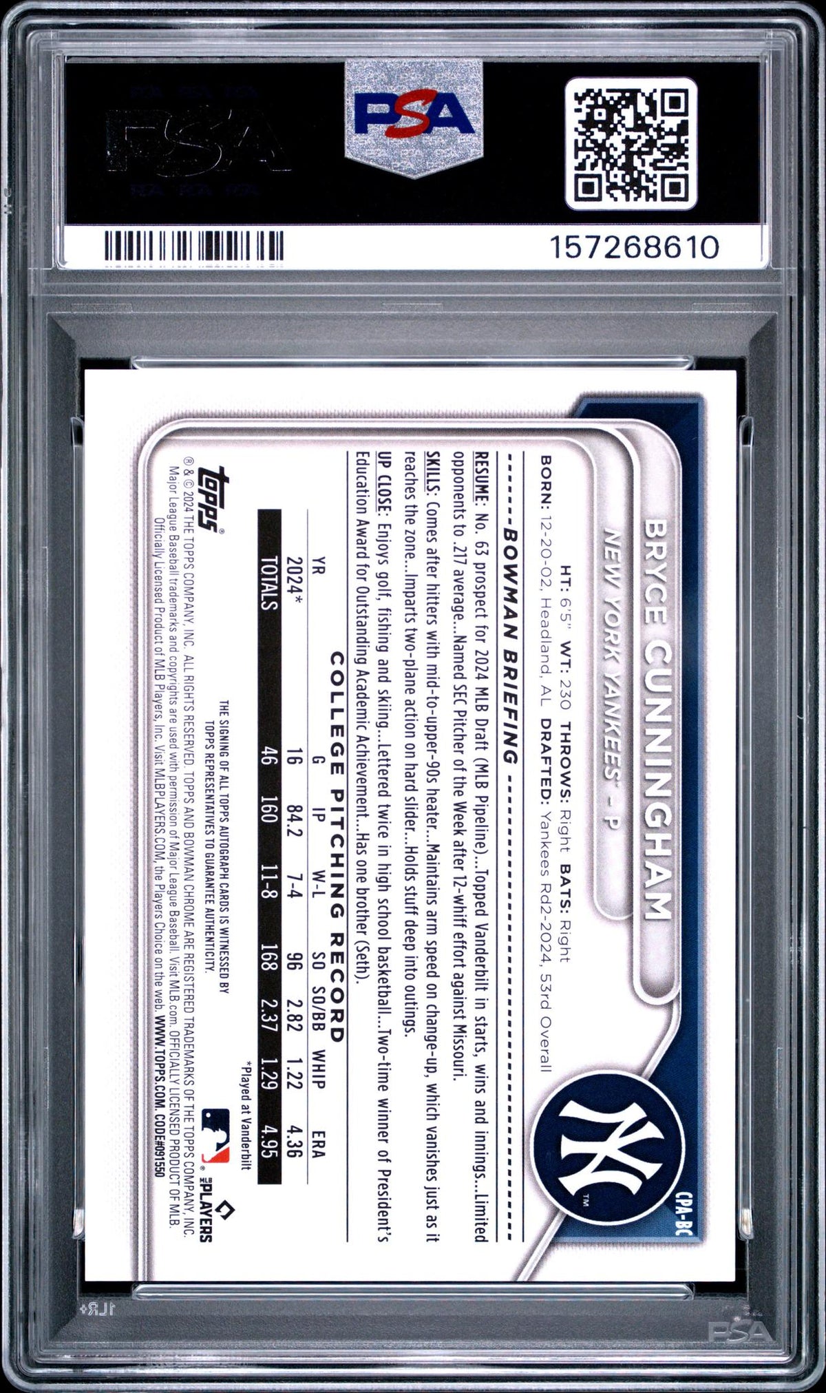 2024 Bowman Draft Hta Choice Refractor Bruce Cunningham #CPA-BC /150 PSA 10