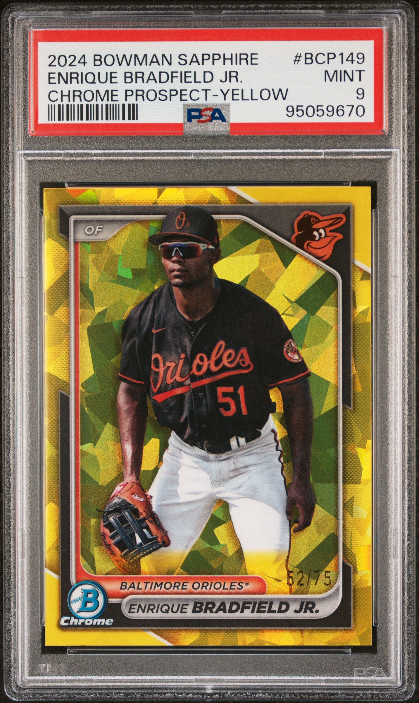 2024 Bowman Sapphire Edition Chrome Prospects Chrome Prospect-Yellow Enrique Bradfield #BCP149 /75 PSA 9