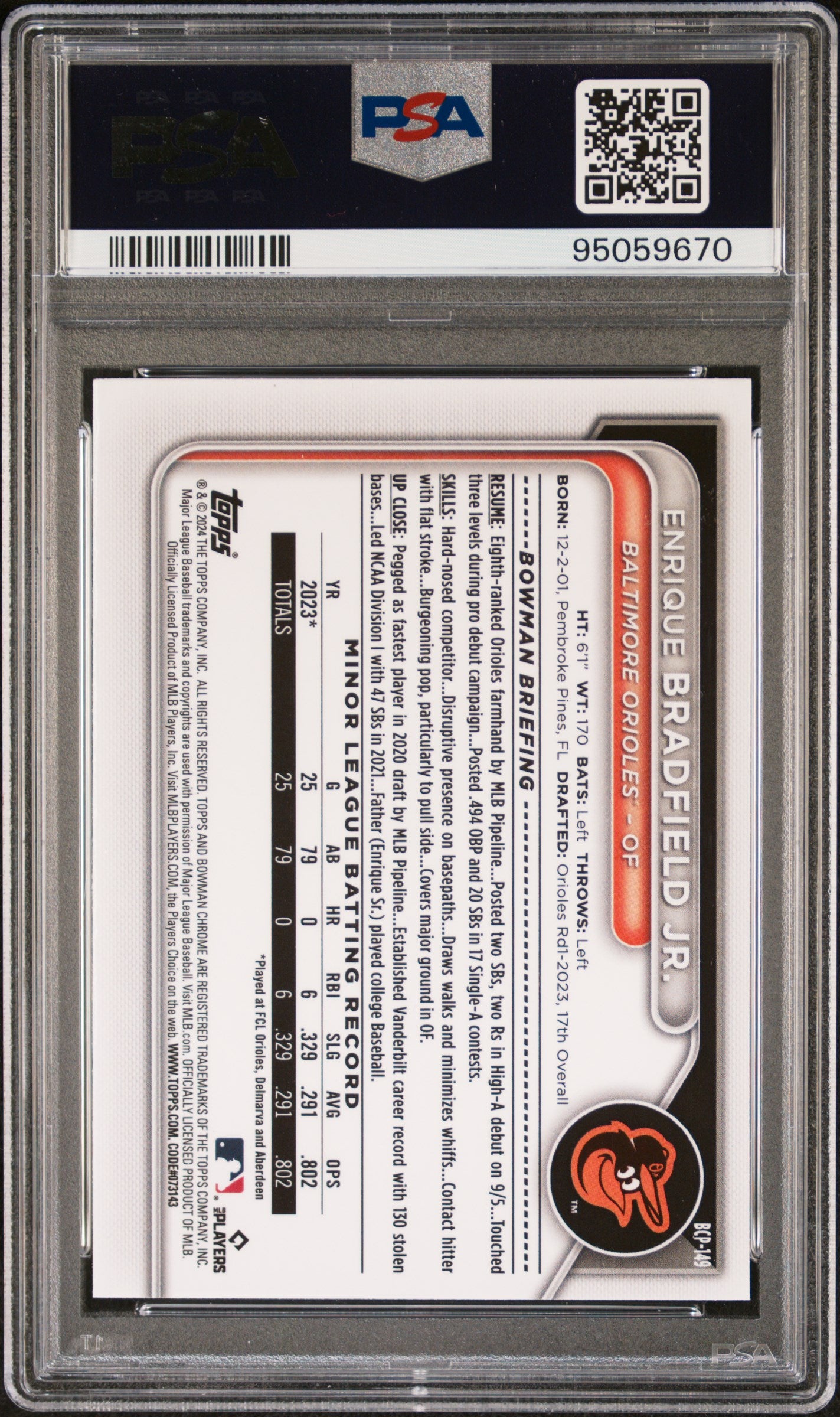 2024 Bowman Sapphire Edition Chrome Prospects Chrome Prospect-Yellow Enrique Bradfield #BCP149 /75 PSA 9