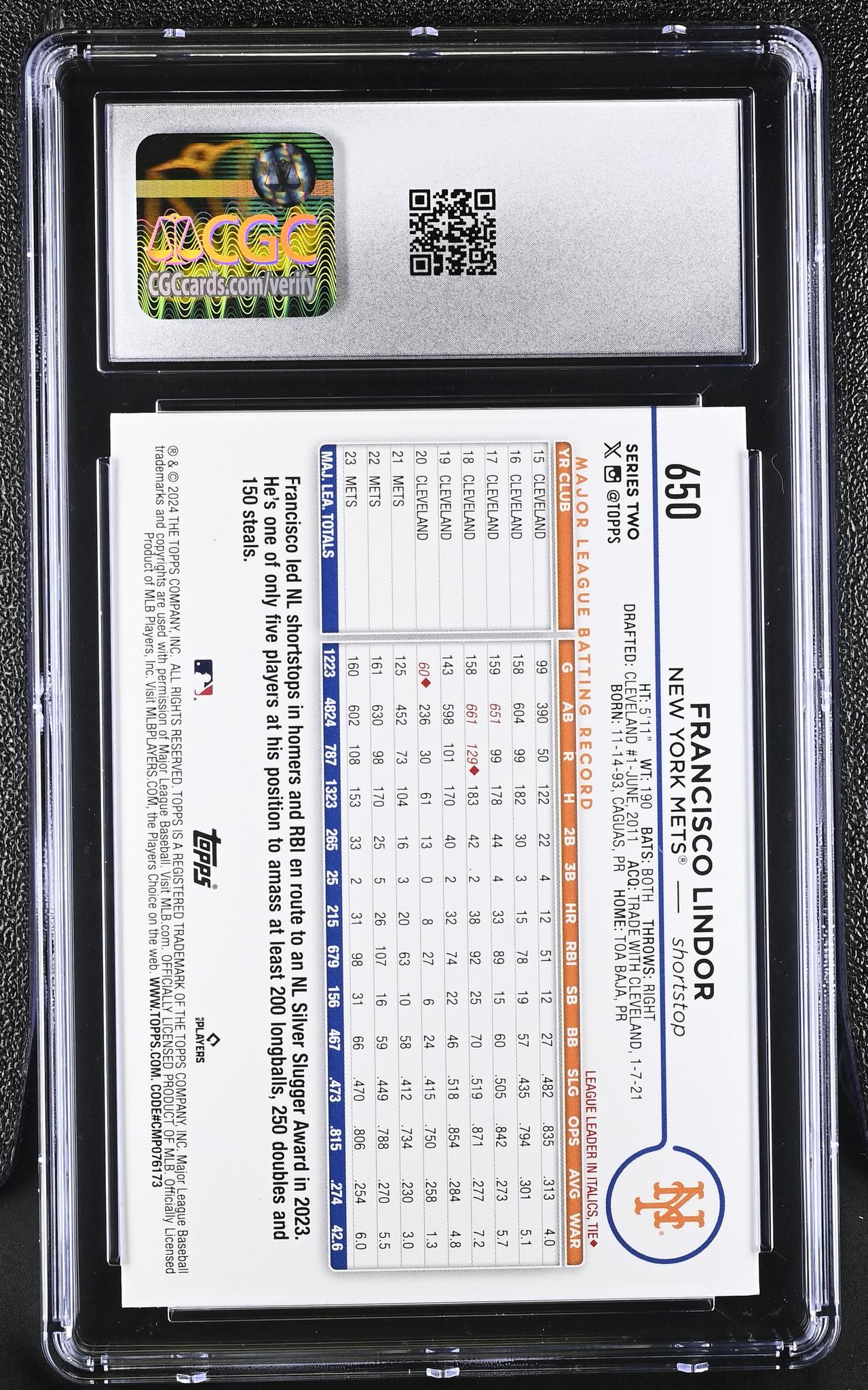 2024 #650 Francisco Lindor Black Crackle Foil CGC 10