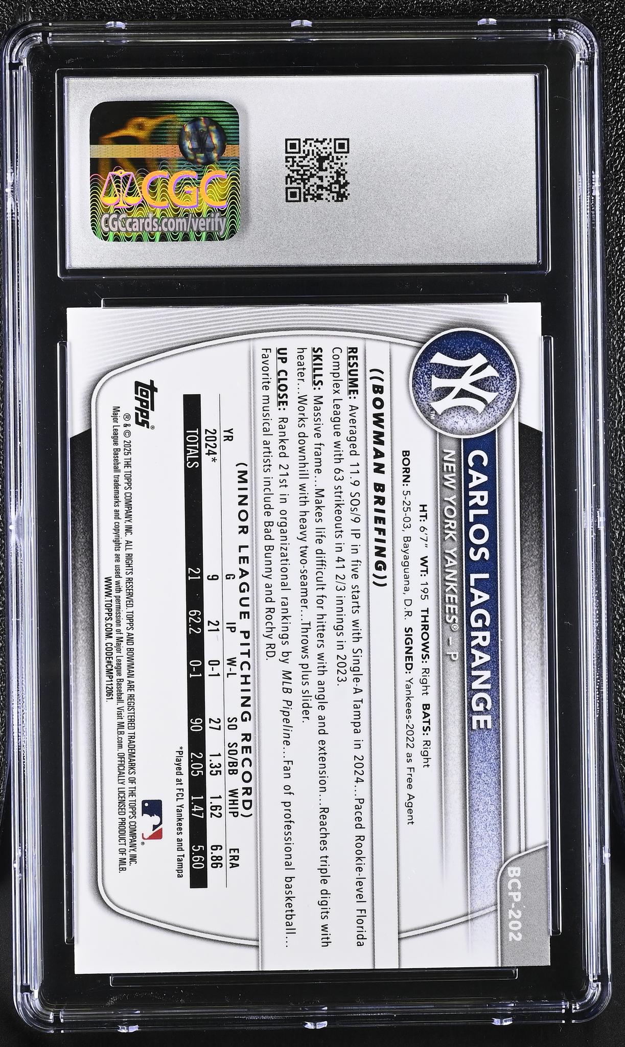 2025 Bowman Chrome #BCP-202 Carlos Lagrange Pulsar Refractor /399 CGC 10