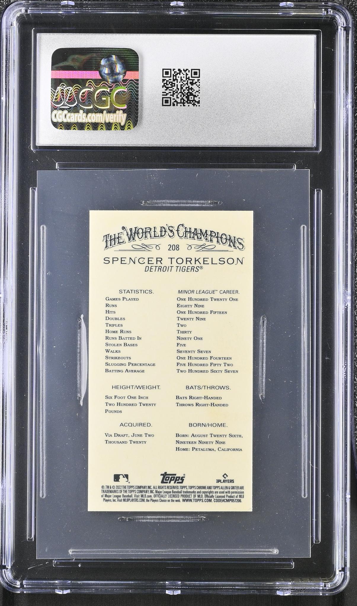 2022 Allen & Ginter Chrome #208 Spencer Torkelson The World's Champions CGC 10
