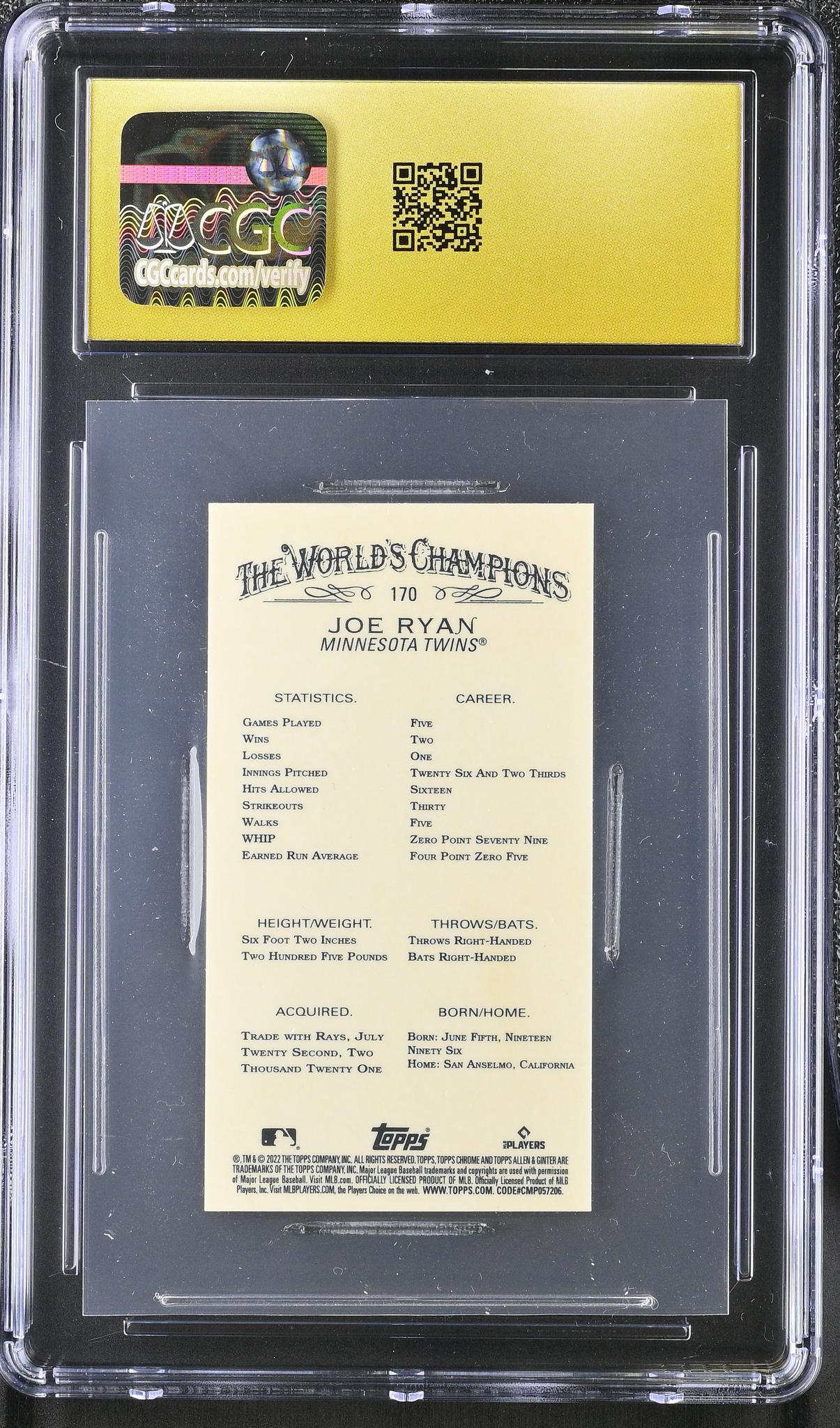 2022 Allen & Ginter Chrome #170 Joe Ryan CGC 10
