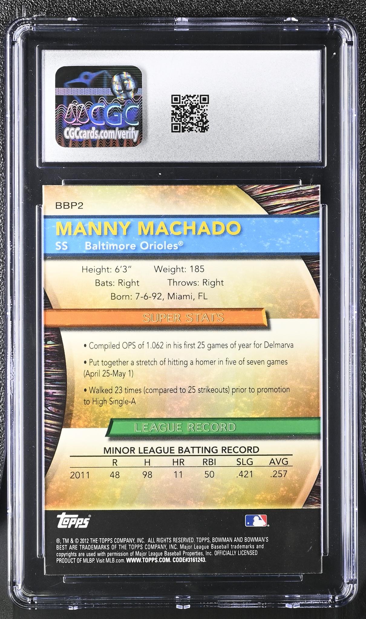 2012 Bowman #BBP2 Manny Machado Bowman's Best Prospects CGC 9