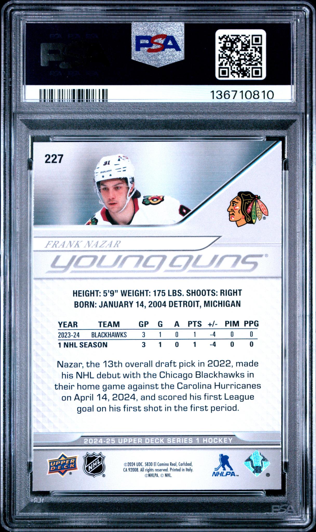 2024 Upper Deck Upper Deck (Series 1 Only) Young Guns Frank Nazar #227 PSA 9