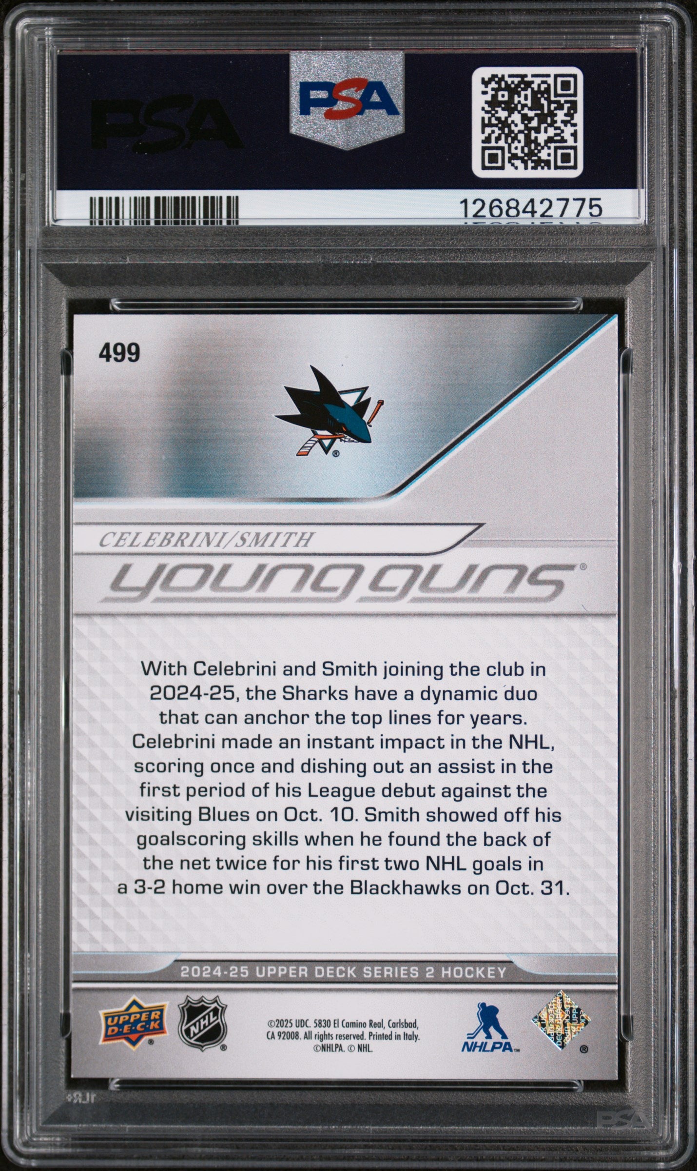 2024 Upper Deck Young Guns Macklin Celebrini/Will Smith #499 PSA 8