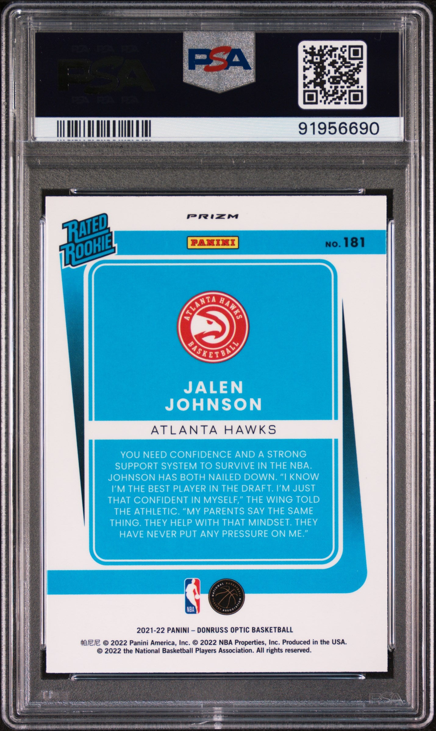 2021 Donruss Optic Rated Rookie Blue Velocity Jalen Johnson #181 PSA 9