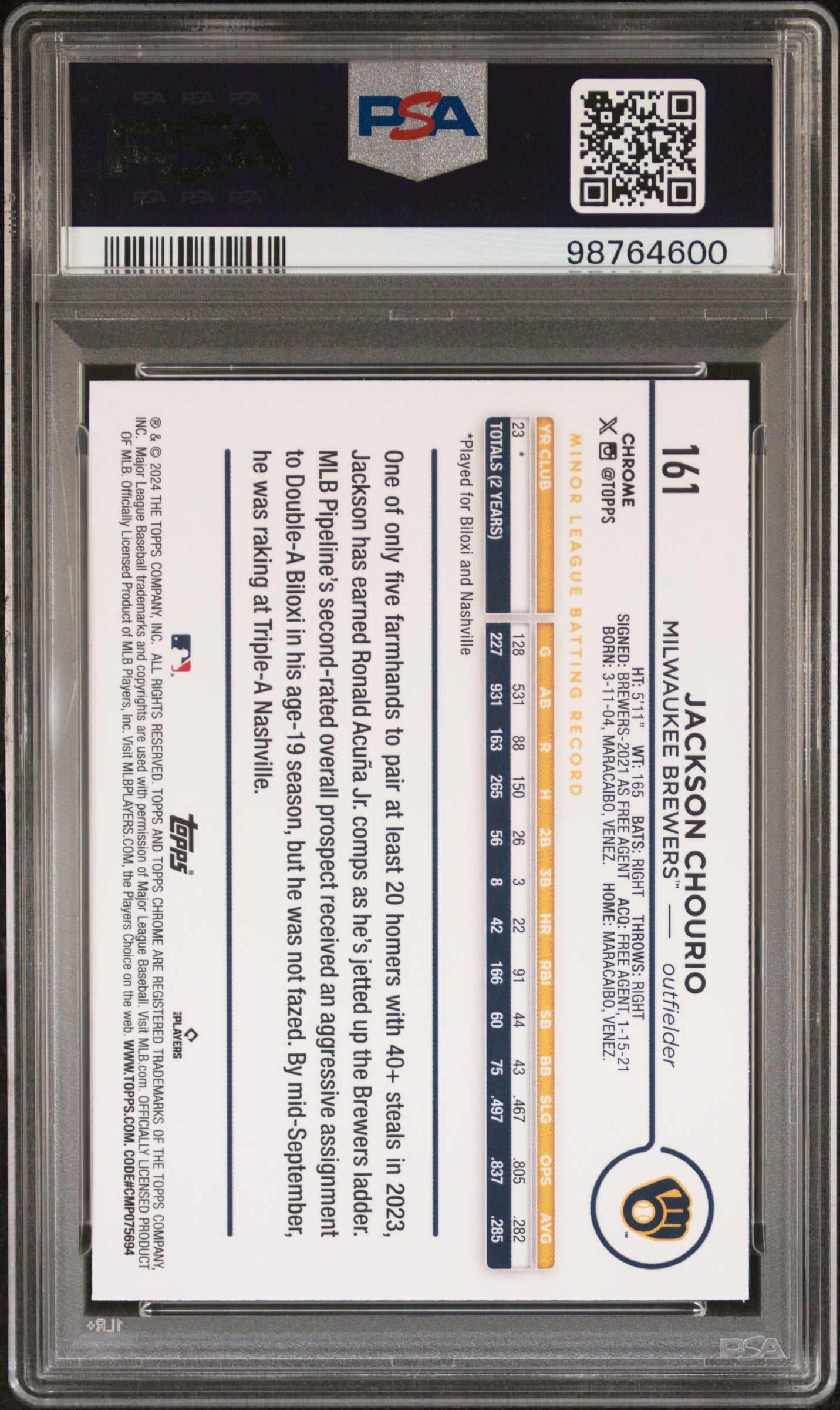 2024 Topps Chrome Prism Refractor Jackson Chourio #161 PSA 10