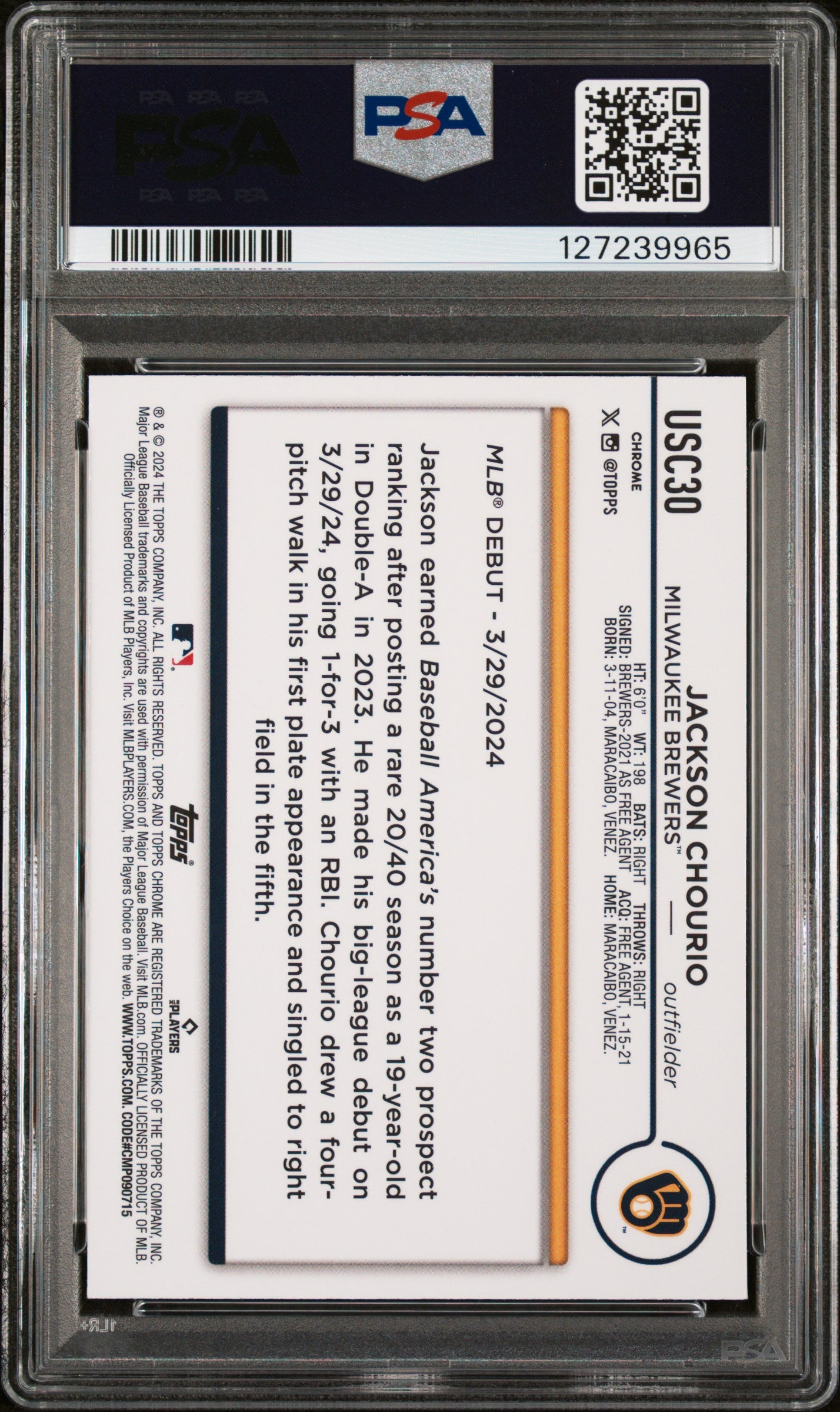 2024 Chrome Update Raywave Refractors Jackson Chourio #USC30 PSA 10