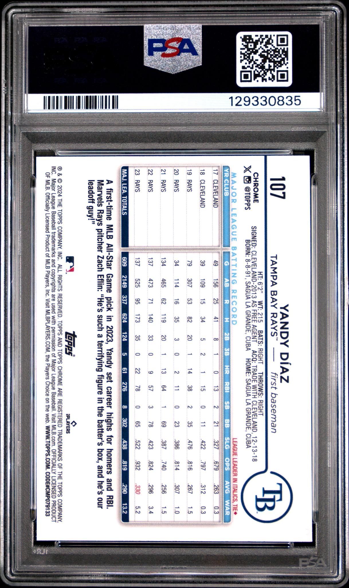 2024 Topps Chrome Logofractor Edition Blue Refractor Yandy Diaz #107 /150 PSA 10