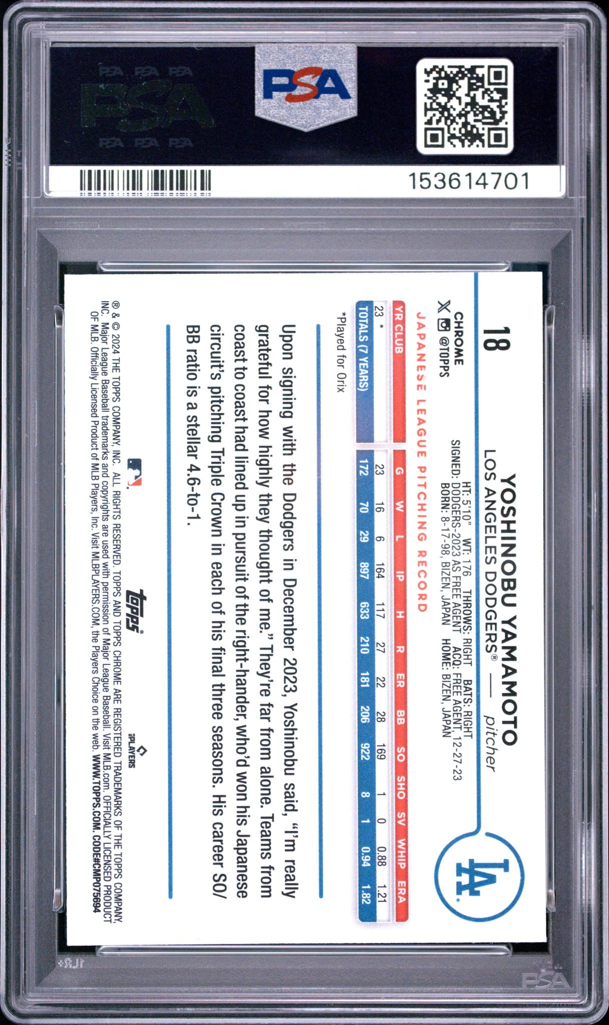 2024 Topps Chrome Prism Refractor Yoshinobu Yamamoto #18 PSA 9
