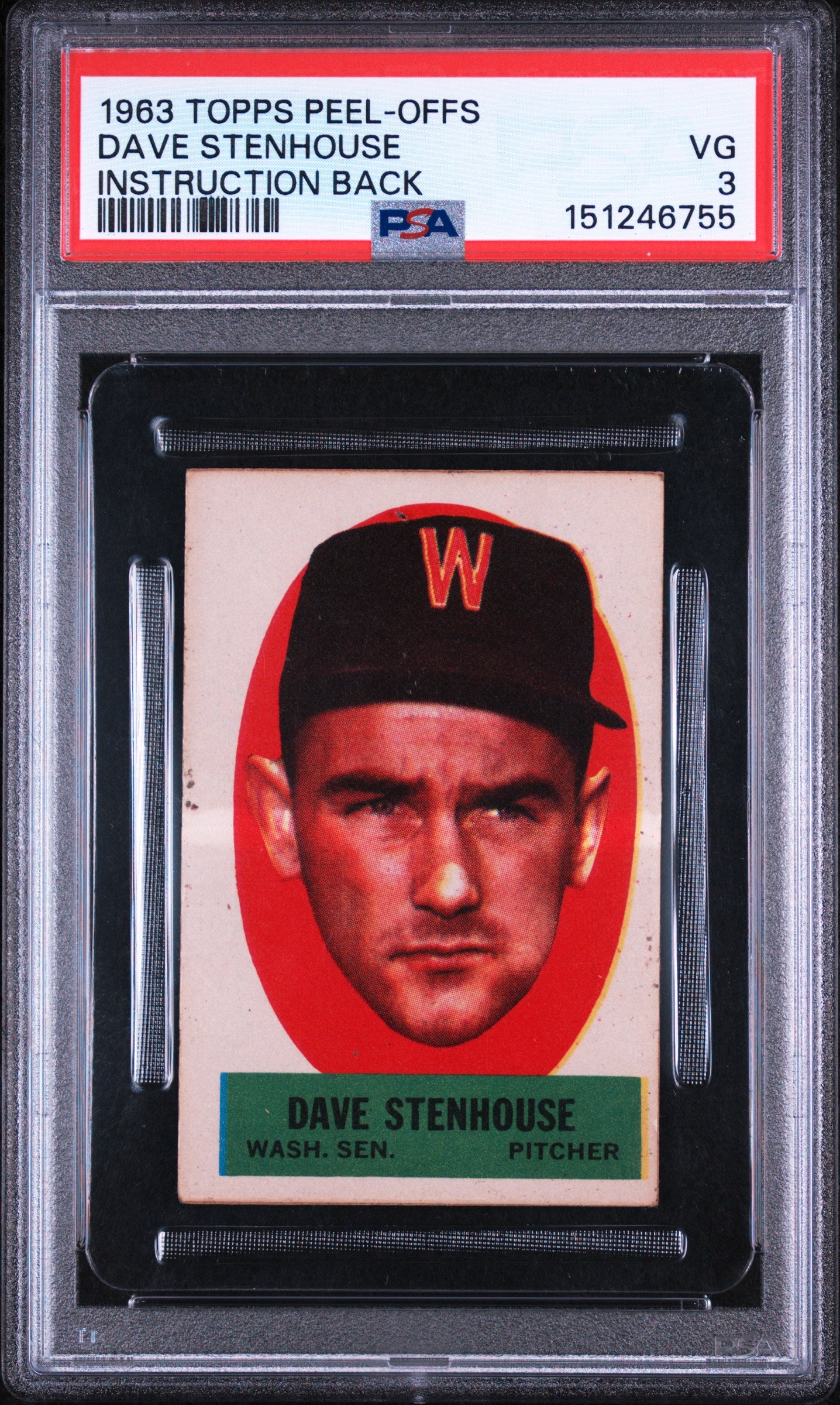 1963 Topps Peel-Offs Instruction Back Dave Stenhouse PSA 3