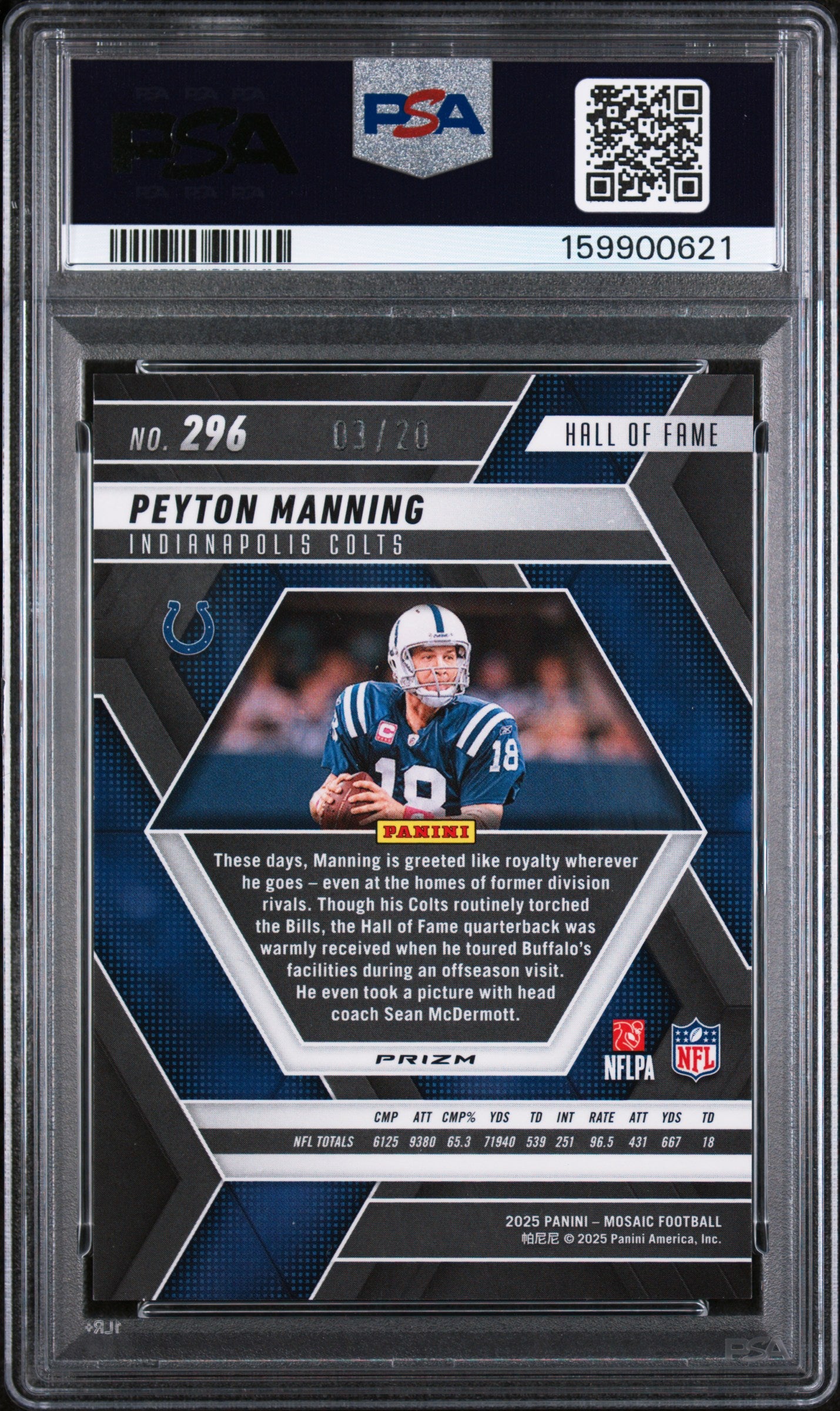 2025 Panini Mosaic Pink No Huddle Peyton Manning #296 /20 PSA 8