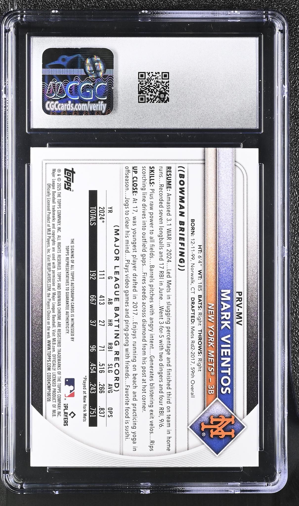 2025 Bowman #PRV-MV Mark Vientos Paper Rookies & Veterans Autos Auto CGC 8.5