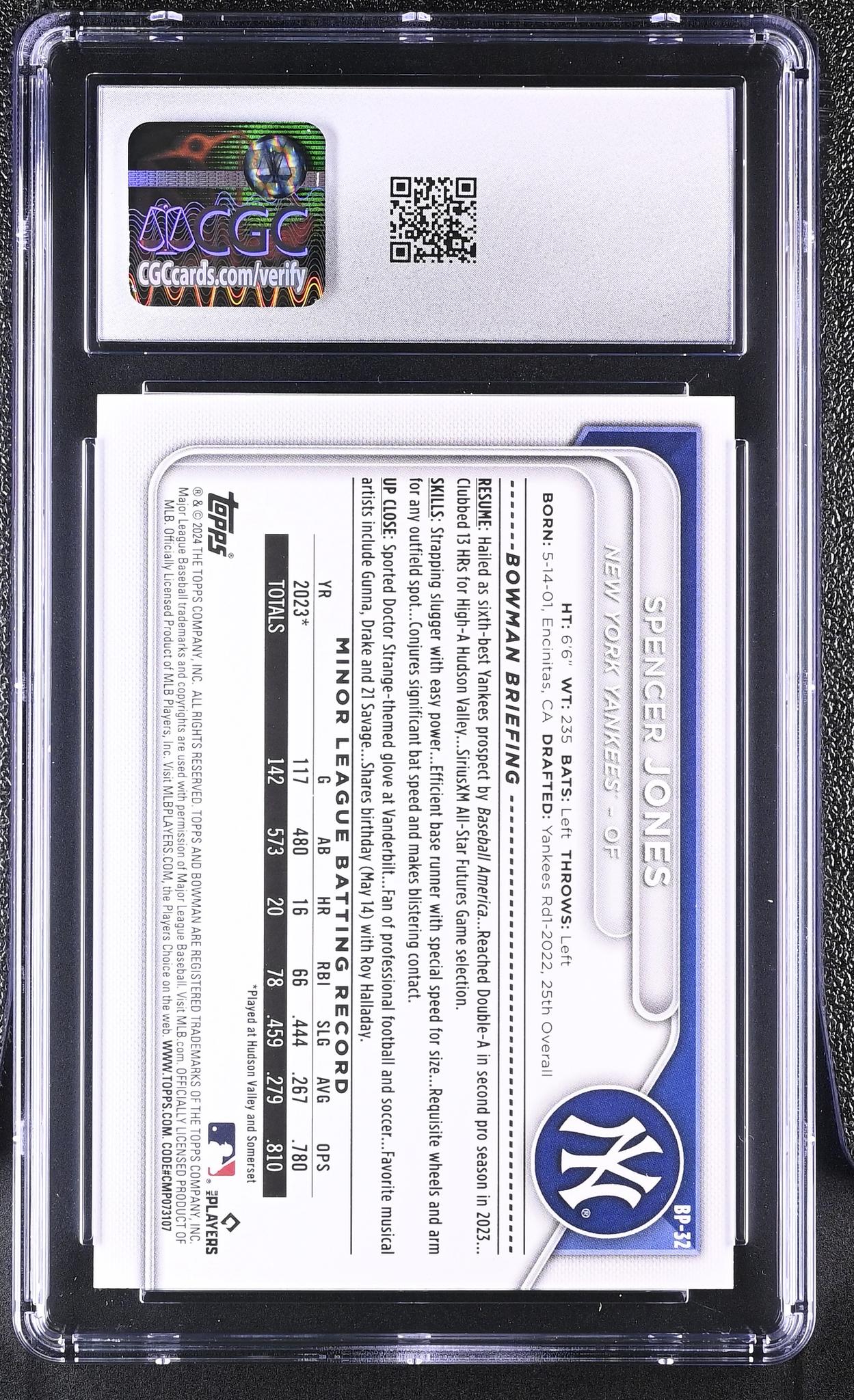 2024 Bowman #BP-32 Spencer Jones Prospects /99 CGC 8.5