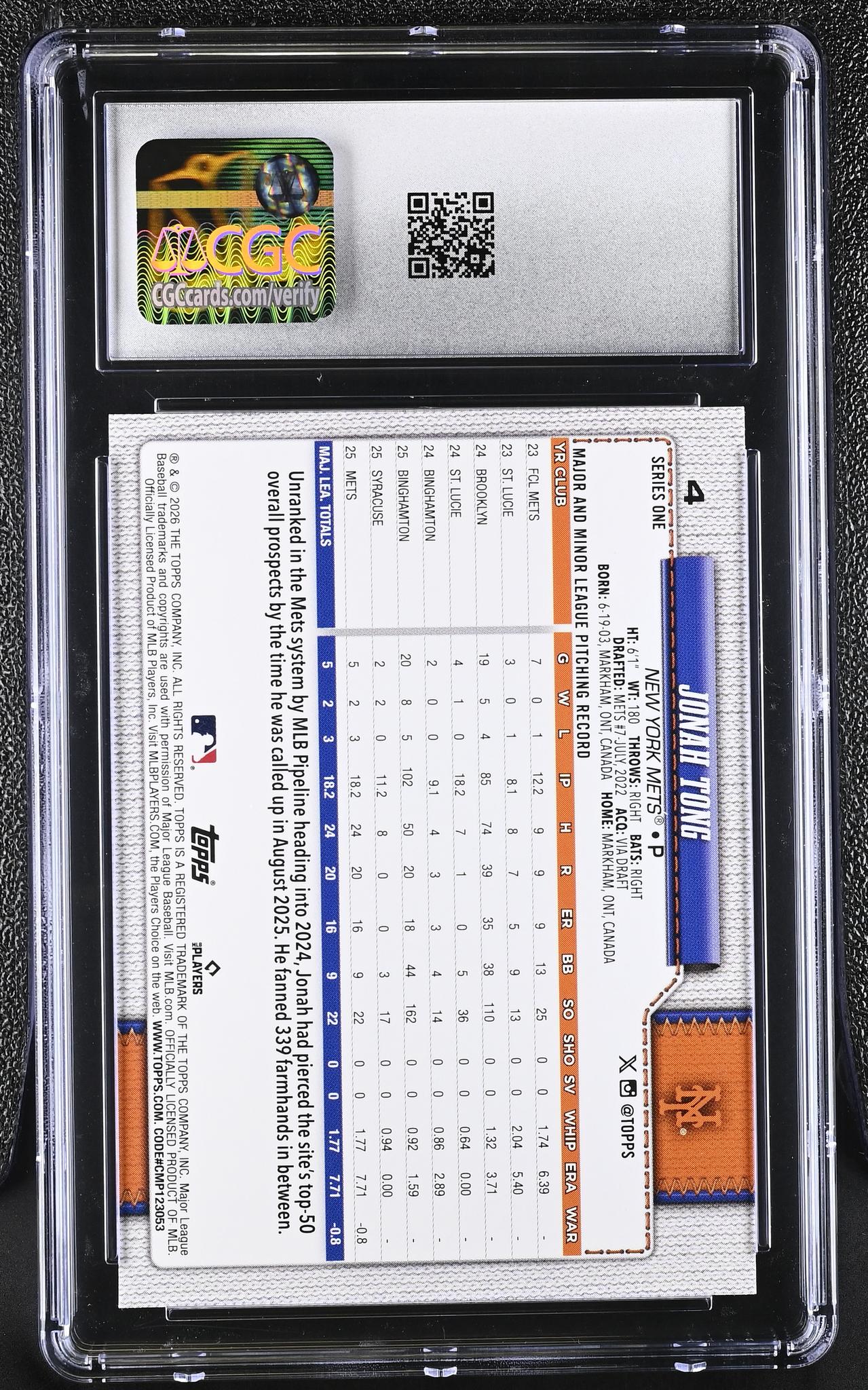 2026 Topps #4 Jonah Tong Series One CGC 10