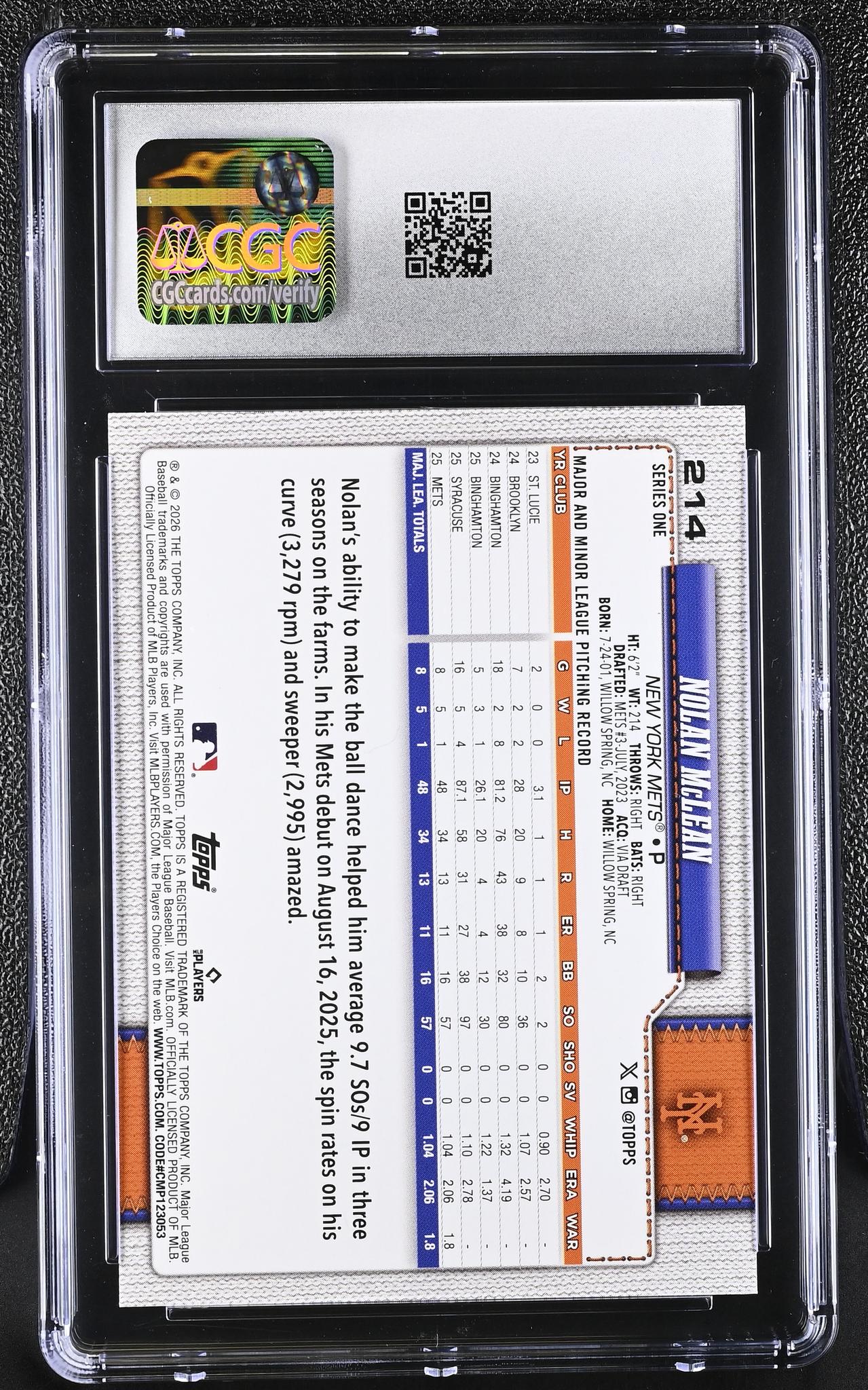 2026 Topps #214 Nolan McLean Series One CGC 10