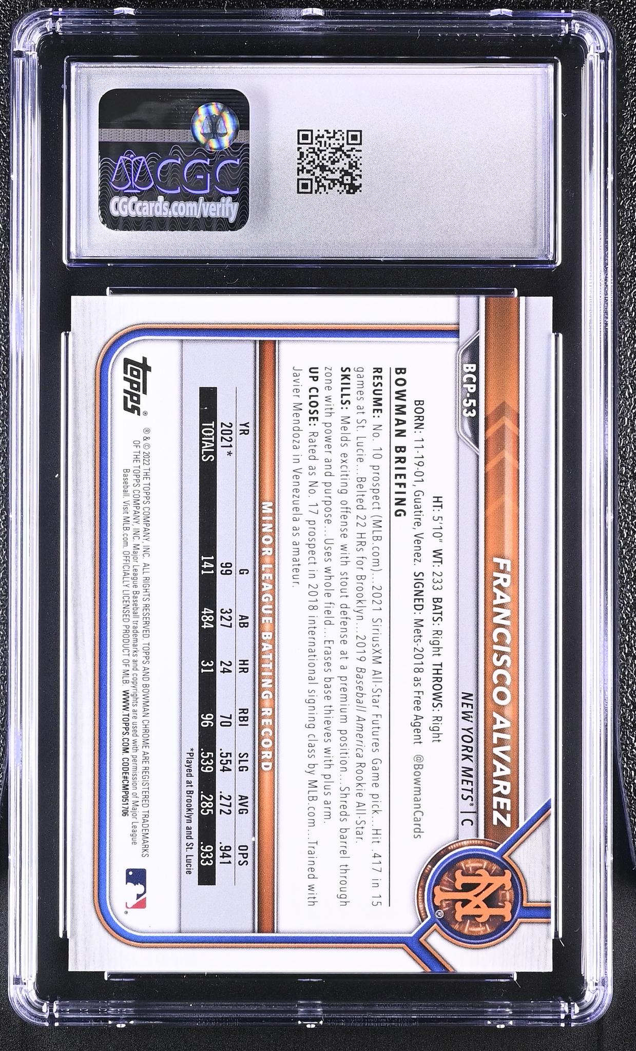 2022 Bowman Chrome #BCP-53 Francisco Alvarez Chrome Prospects /125 CGC 10