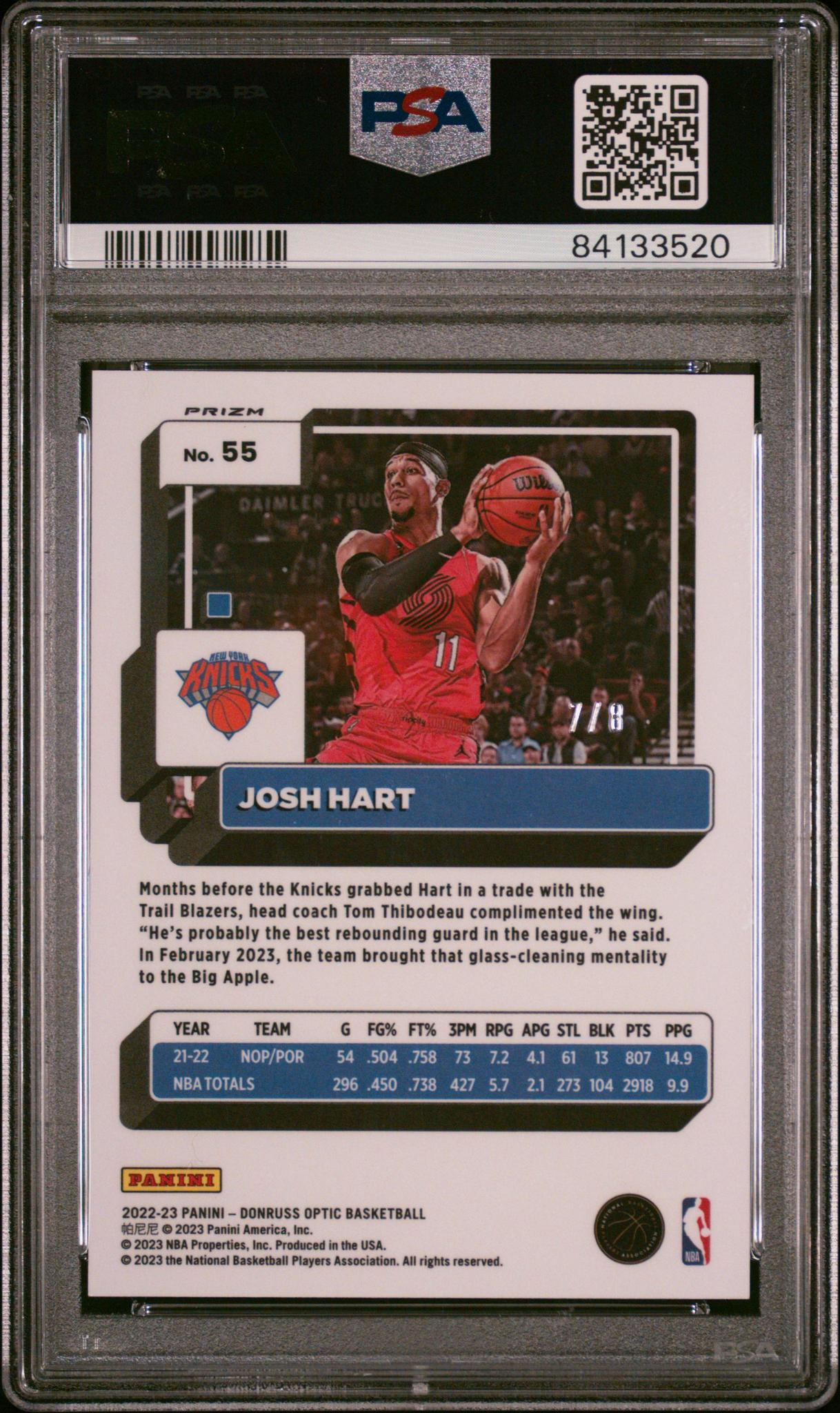 2022 Panini Donruss Optic Black Gold Choice Josh Hart #55 /8 PSA 9