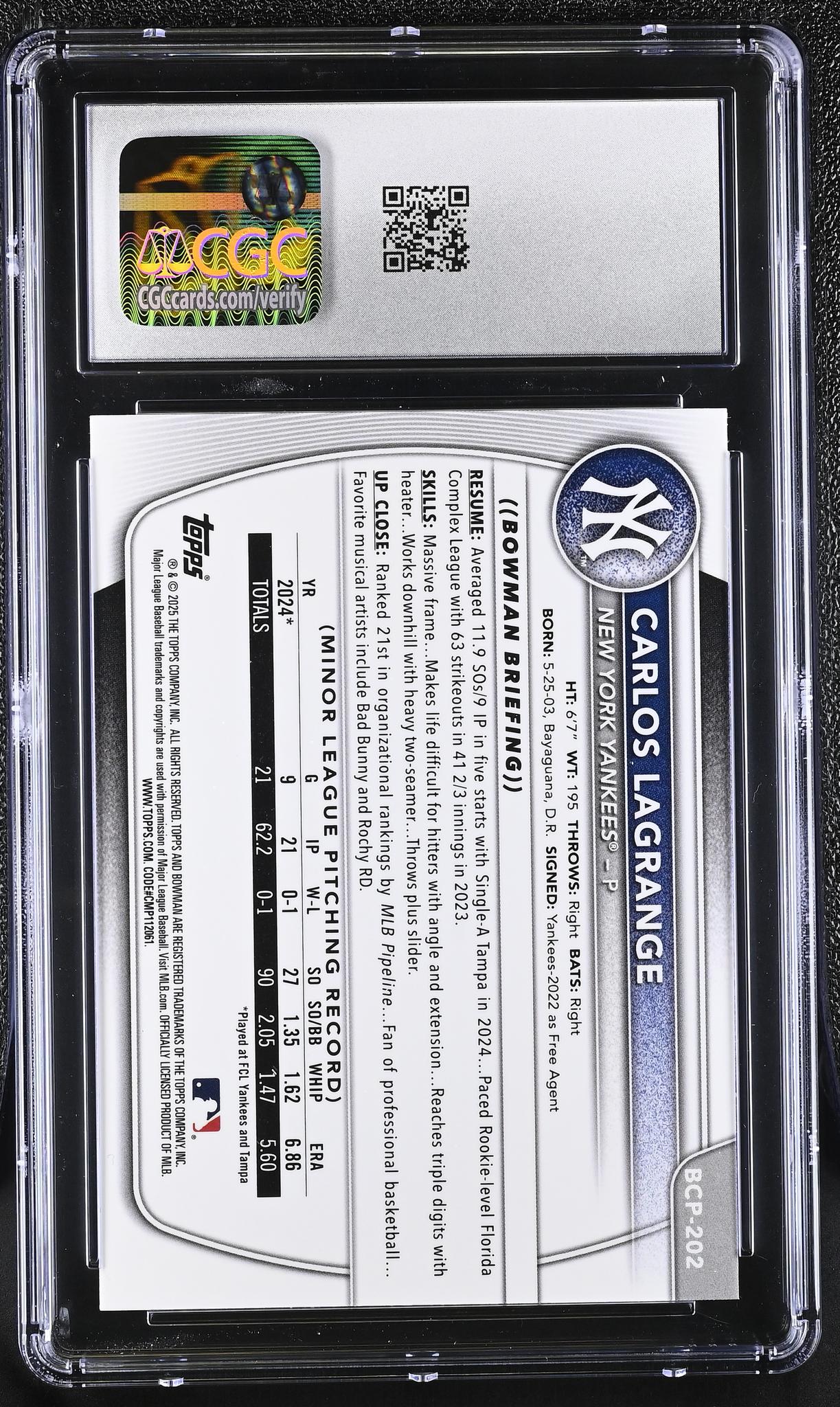 2025 Bowman Chrome #BCP-202 Carlos Lagrange Mini-Diamond Refractor CGC 10