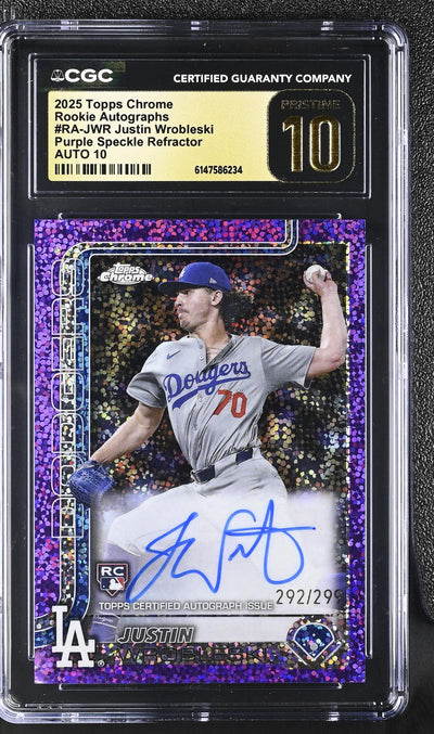 2025 Topps Chrome Justin Wrobleski #RA-JWR Rookie Auto Purple Speckle Refractor /299 CGC Pristine 10
