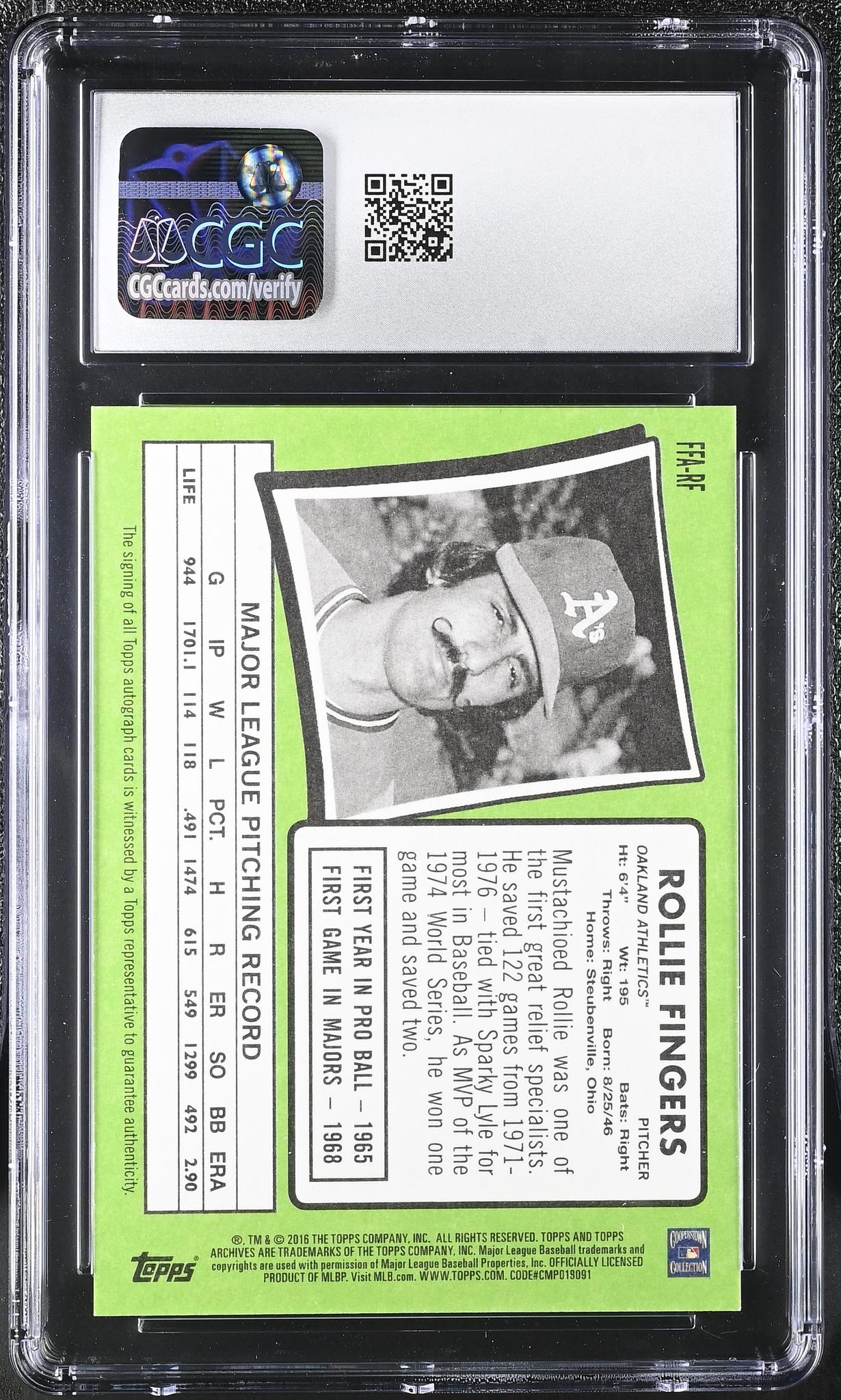 2016 Archives #FFA-RF Rollie Fingers Fan Favorites Autographs Auto CGC 10