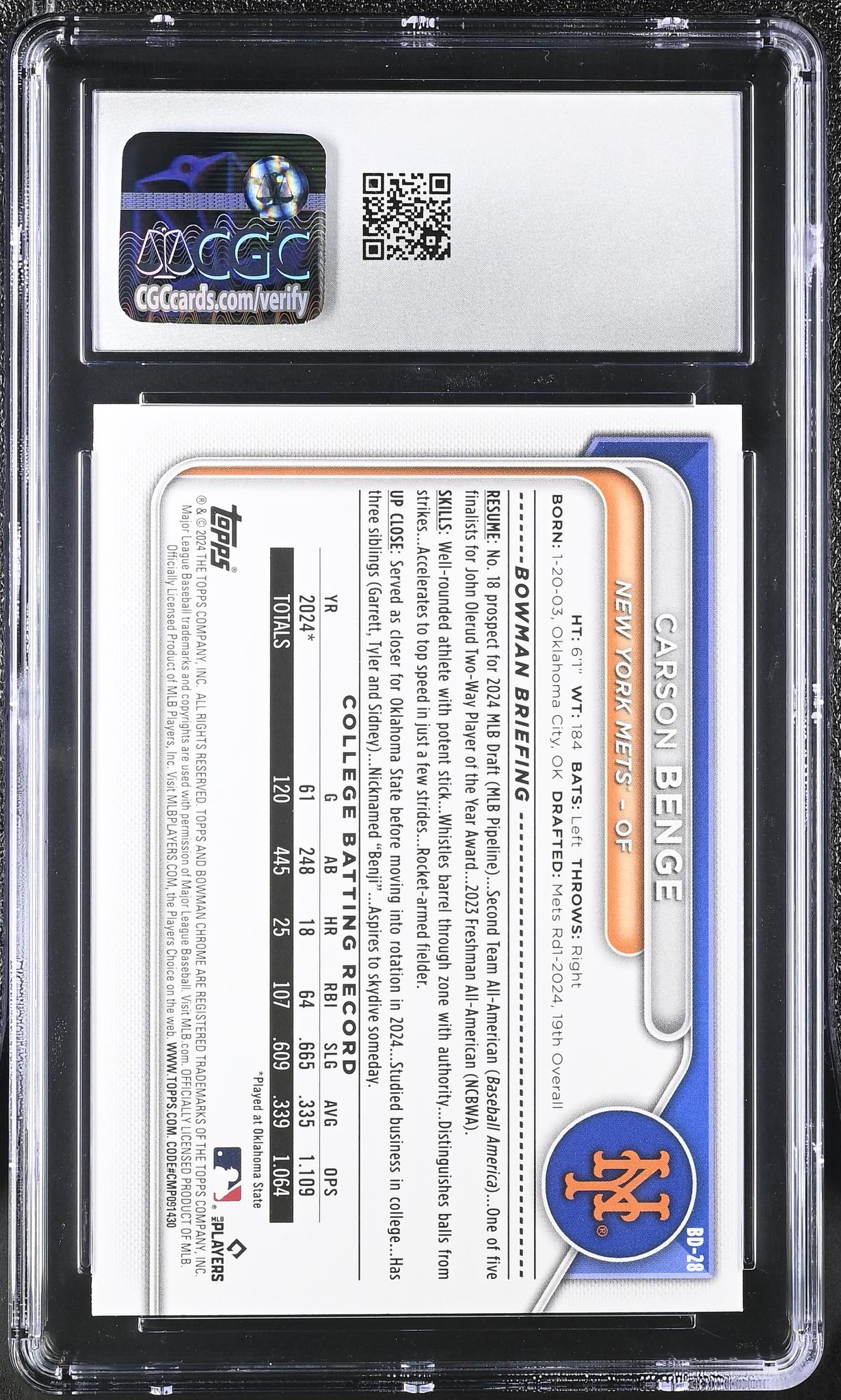 2024 Bowman #BD-28 Carson Benge Bowman Draft CGC 10