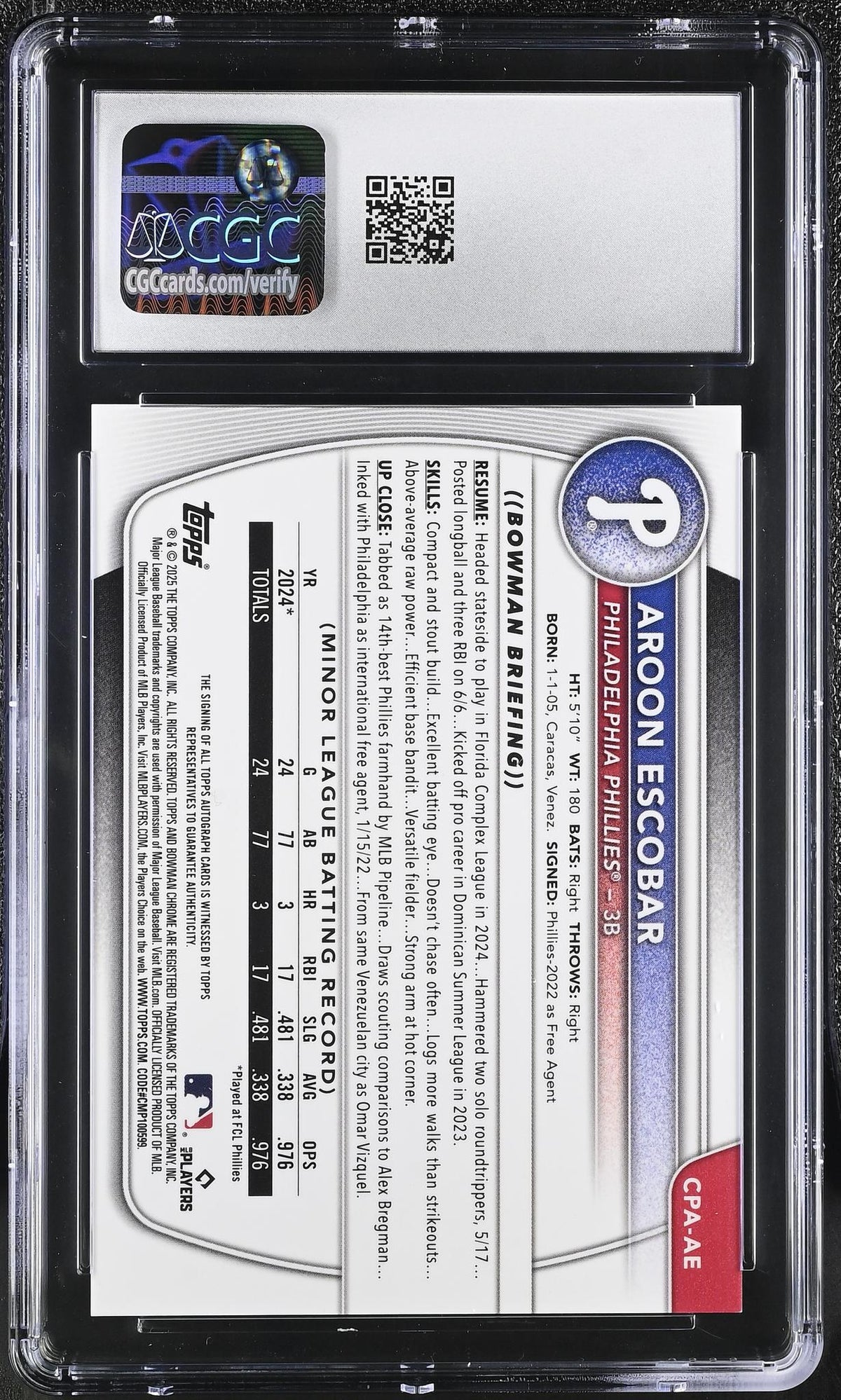 2025 Bowman #CPA-AE Aroon Escobar HTA Choice Refractor /150 CGC 10