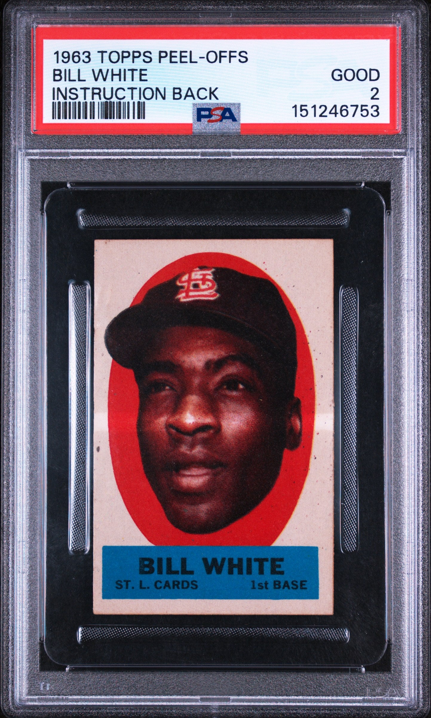 1963 Topps Peel-Offs Instruction Back Bill White PSA 2