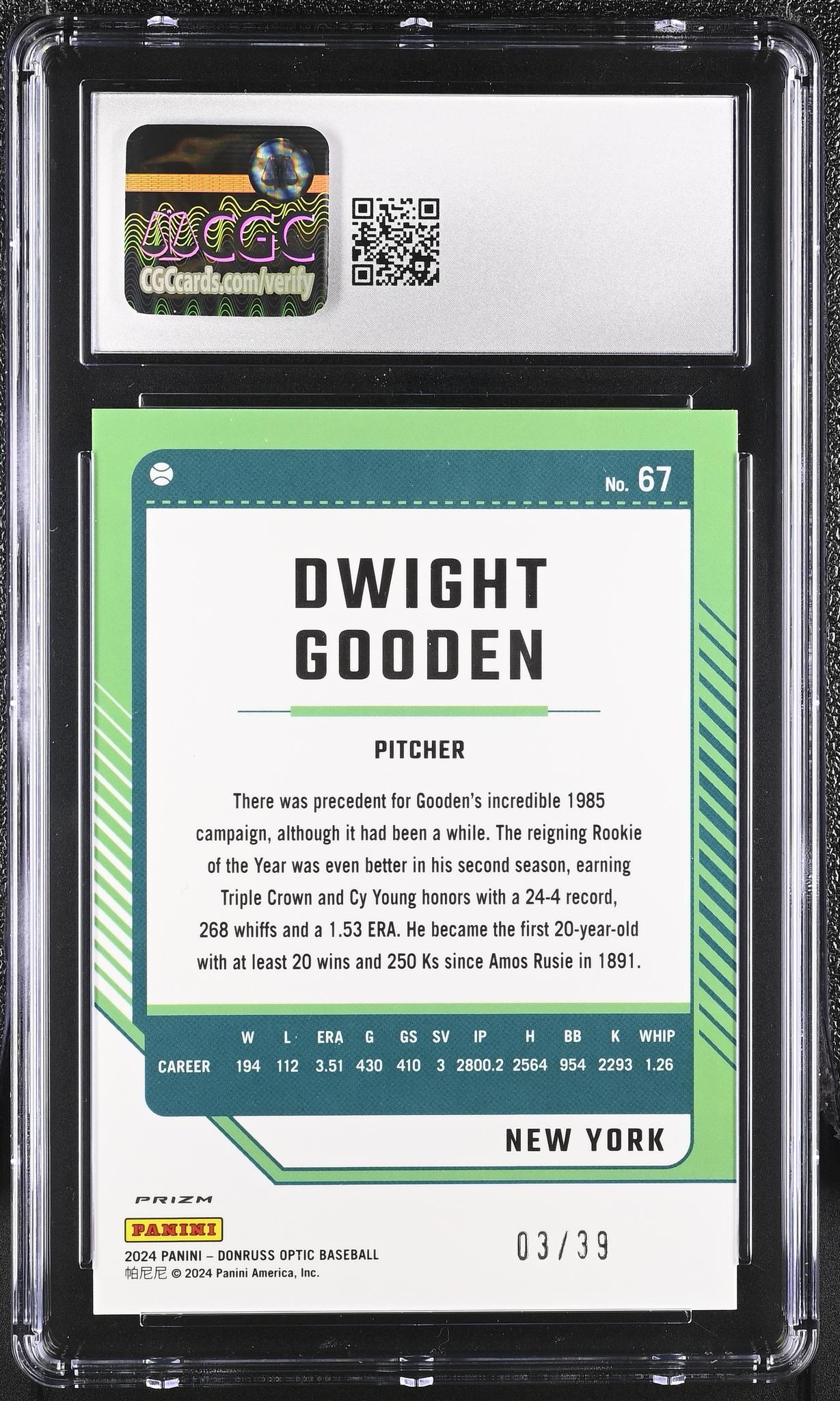 2024 Donruss Optic #67 Dwight Gooden Black Velocity /39 CGC 10