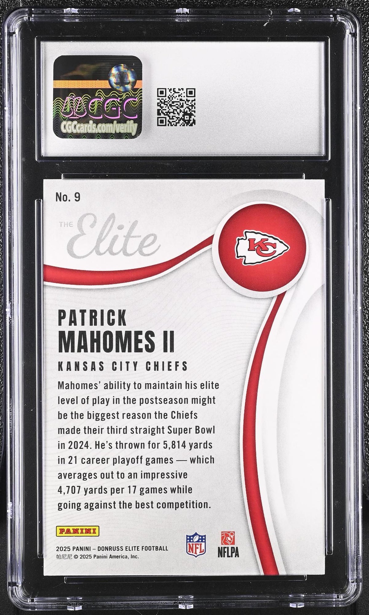 2025 Donruss Elite #9 Patrick Mahomes II The Elite CGC 8
