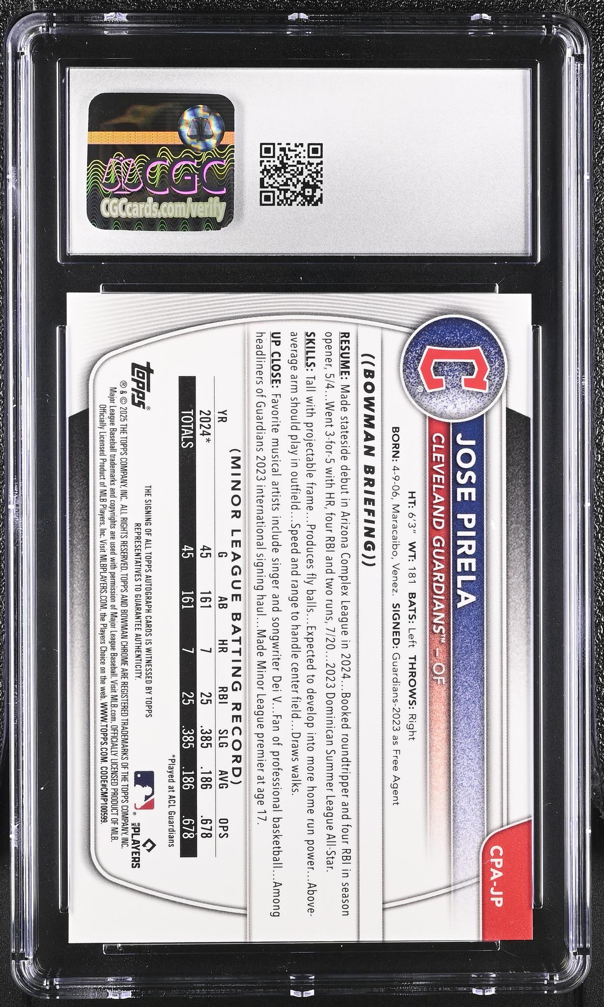 2025 Bowman #CPA-JP Jose Pirela Chrome Prospects Autographs Auto CGC 10