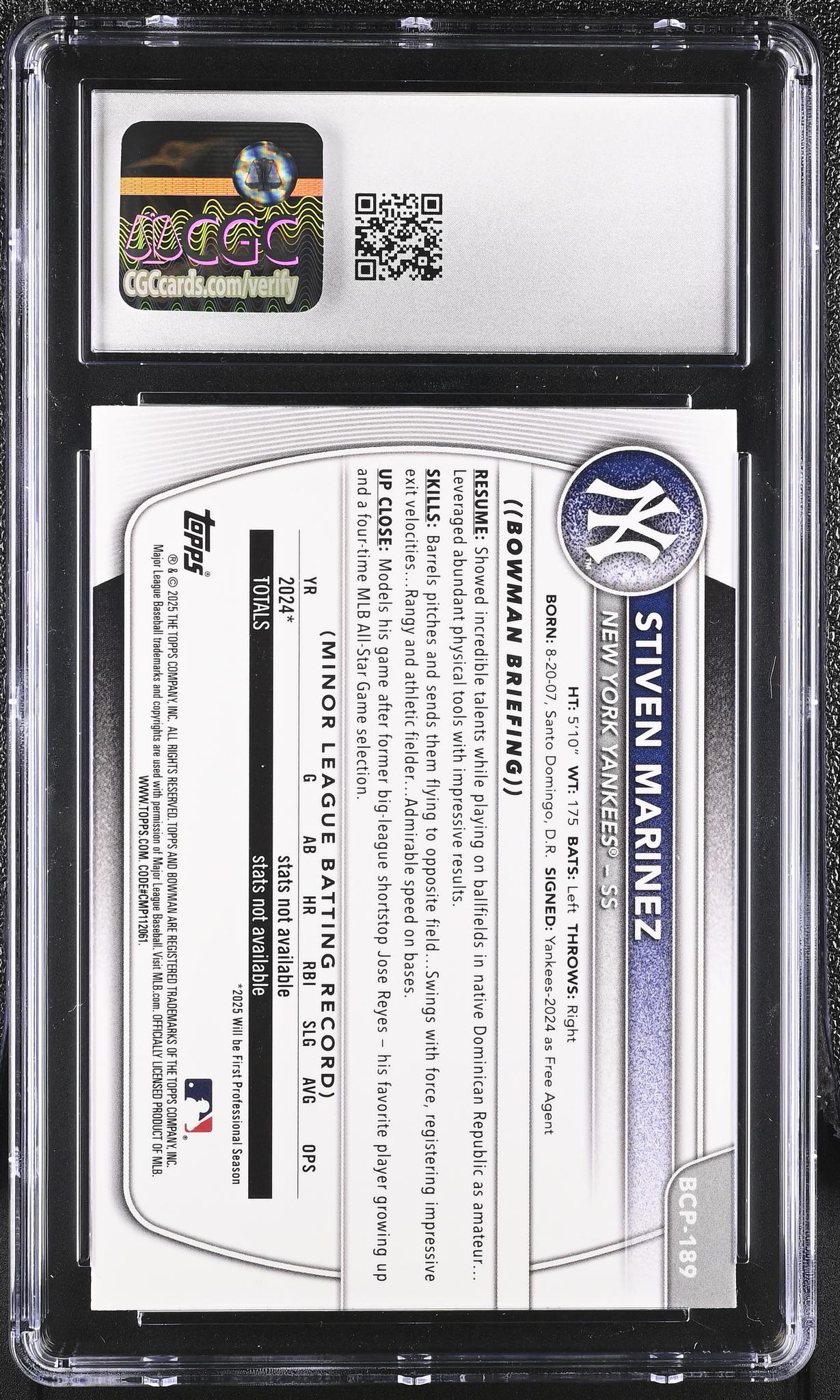 2025 Bowman Chrome #BCP-189 Stiven Martinez Laser Refractor CGC 10