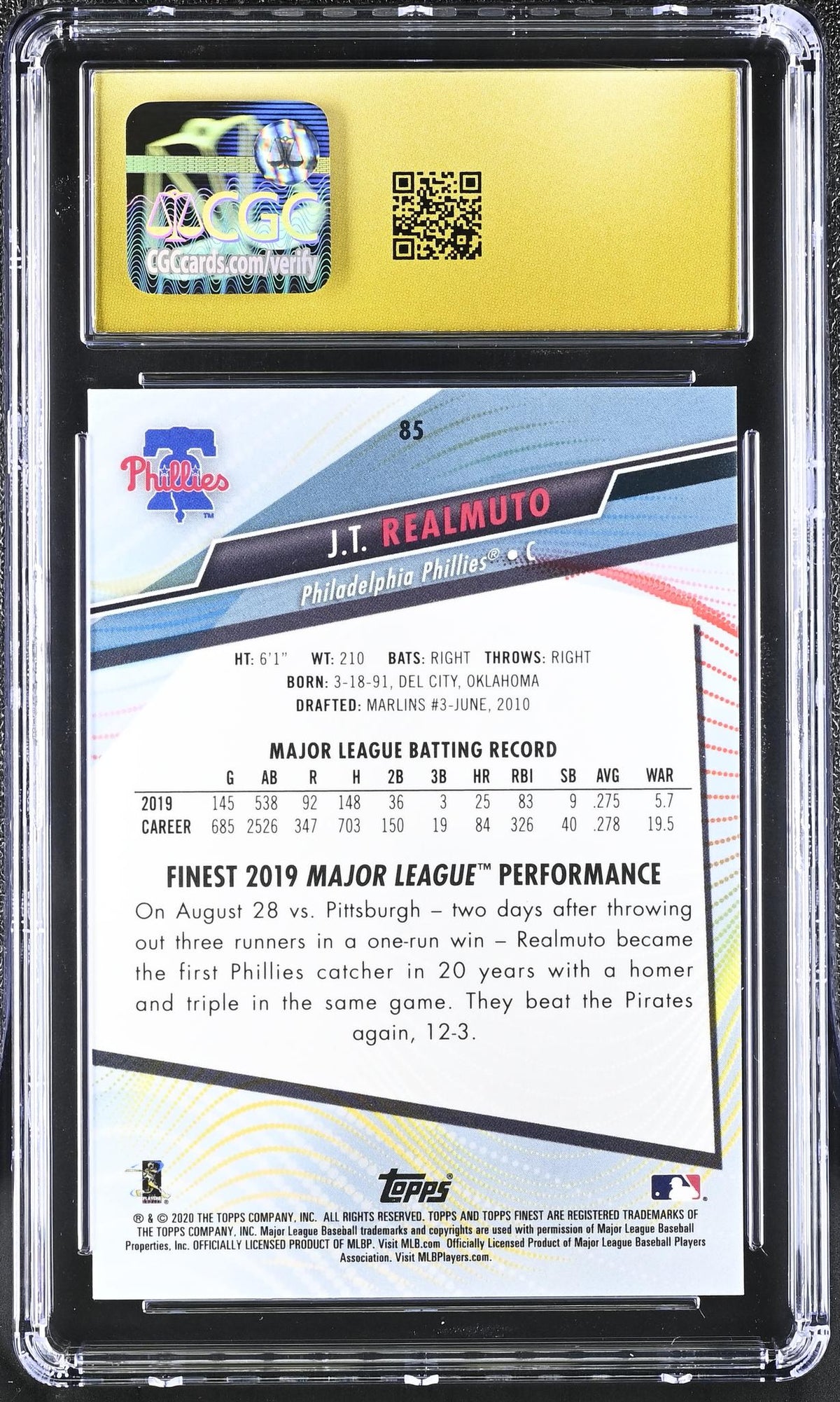 2020 Topps Finest #85 J.T. Realmuto Blue Refractor /150 CGC 10