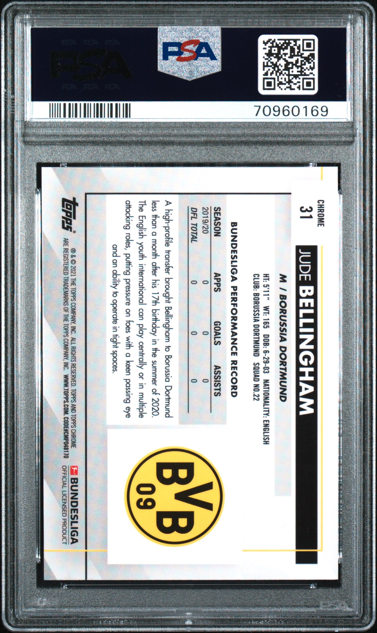 2020 Topps Chrome Bundesliga Sapphire Edition Jude Bellingham #31 PSA 10