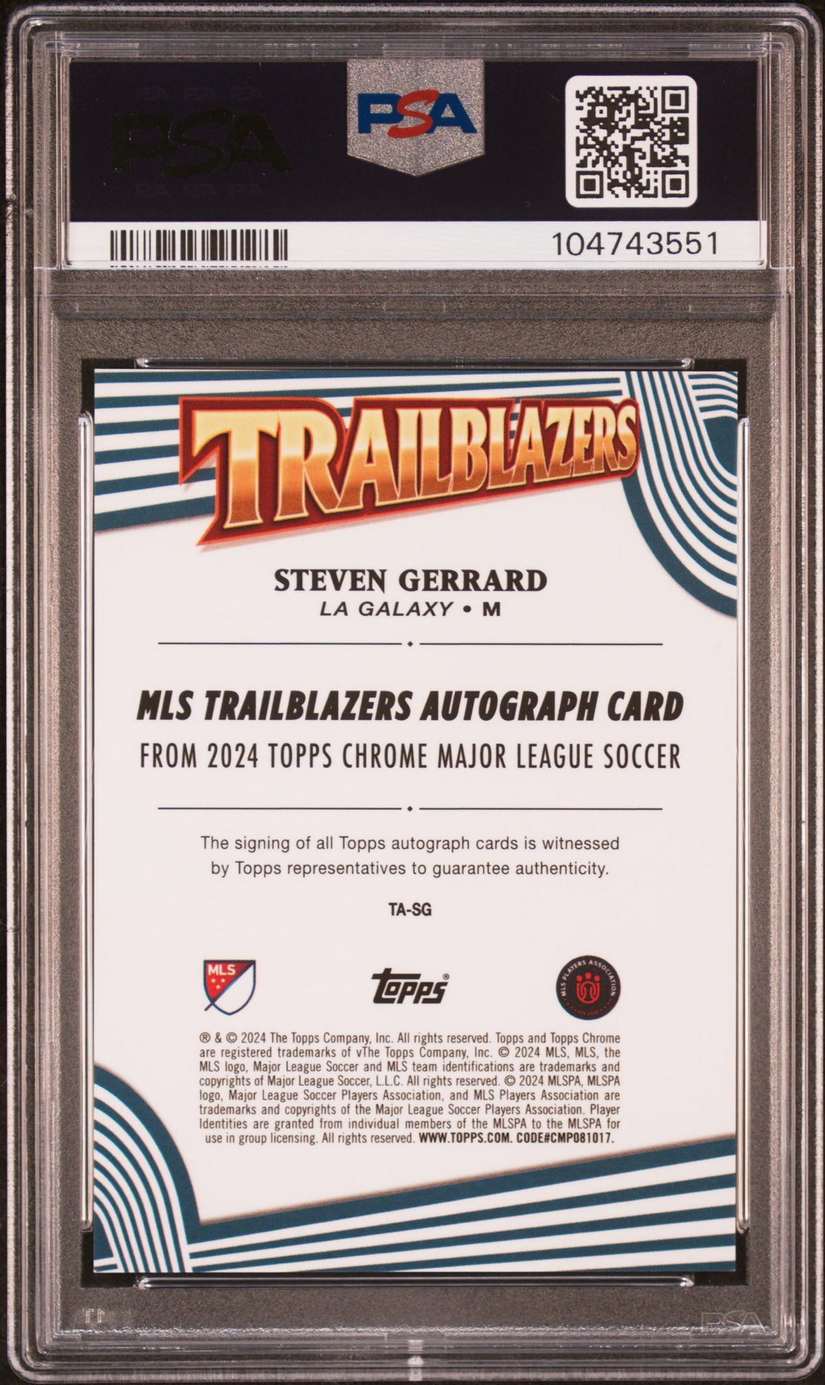 2024 Topps Chrome MLS Mls Trailblazers Autographs Gold Refractor Steven Gerrard #TASG /50 PSA 10