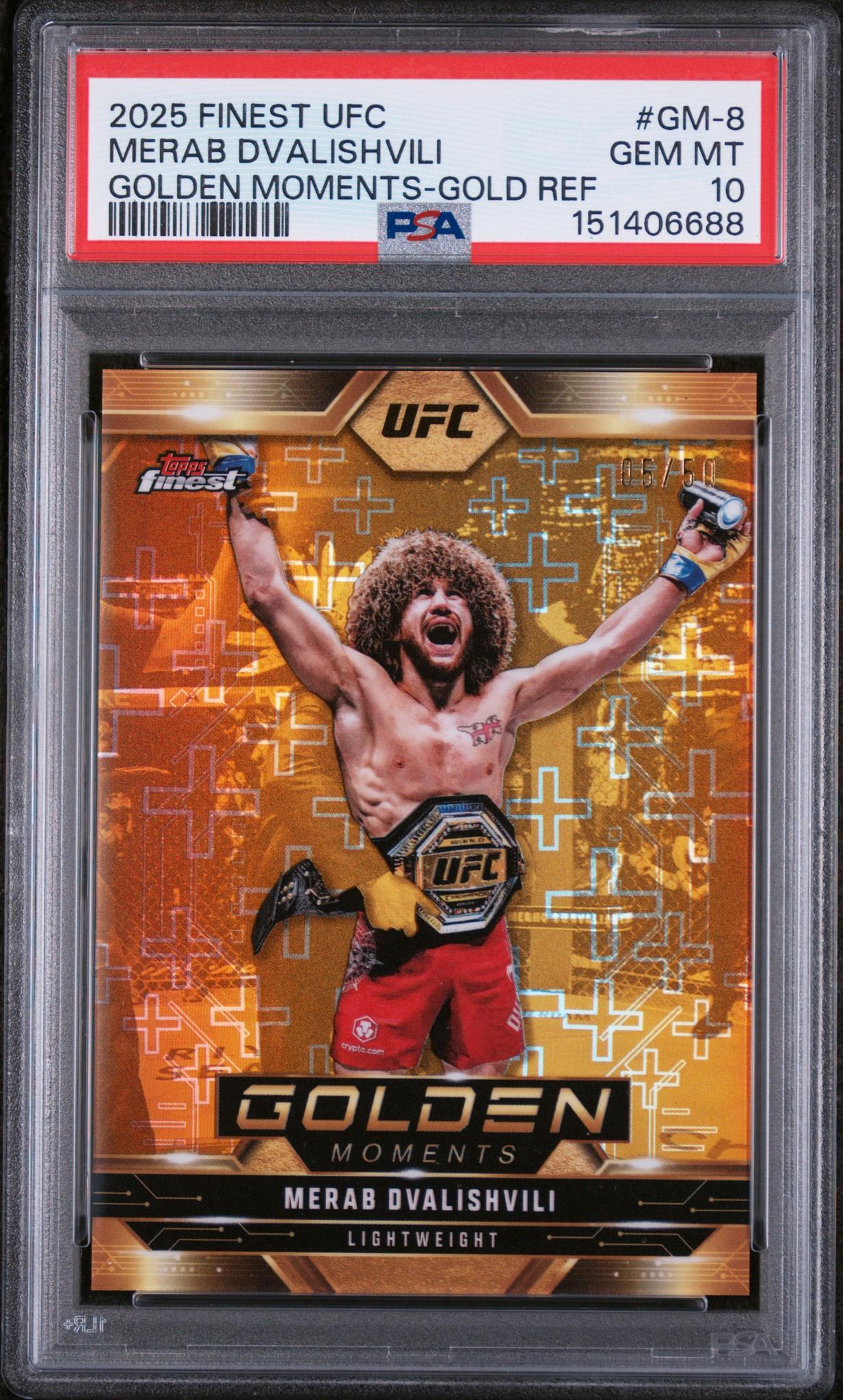 2025 Topps Finest UFC Golden Moments Gold Refractor Merab Dvalishvili #GM-8 /50 PSA 10