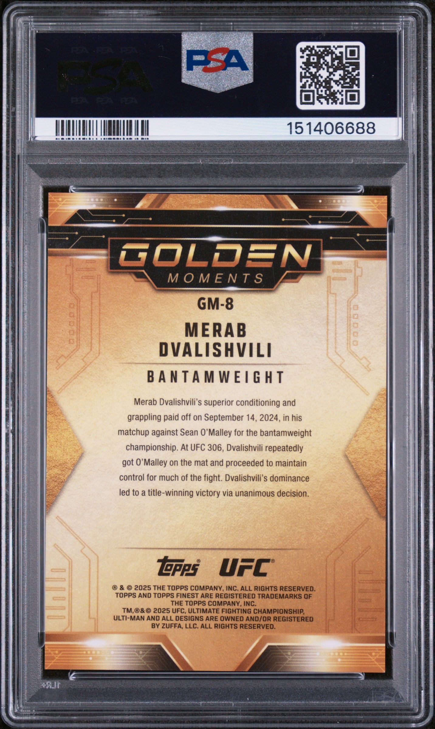 2025 Topps Finest UFC Golden Moments Gold Refractor Merab Dvalishvili #GM-8 /50 PSA 10