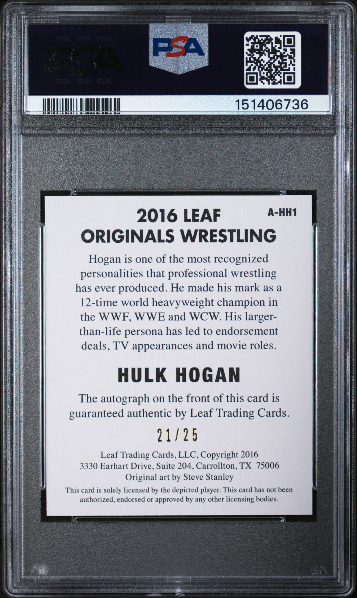 2016 Leaf Originals Wrestling Hulk Hogan #HH1 Alternate Art Auto-Yllw. /25 PSA 9
