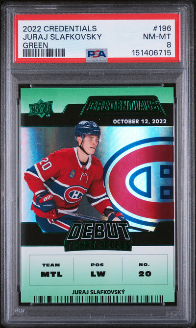 2022 Upper Deck Credentials Juraj Slafkovsky #196 Debut Ticket Access Green /25 PSA 8